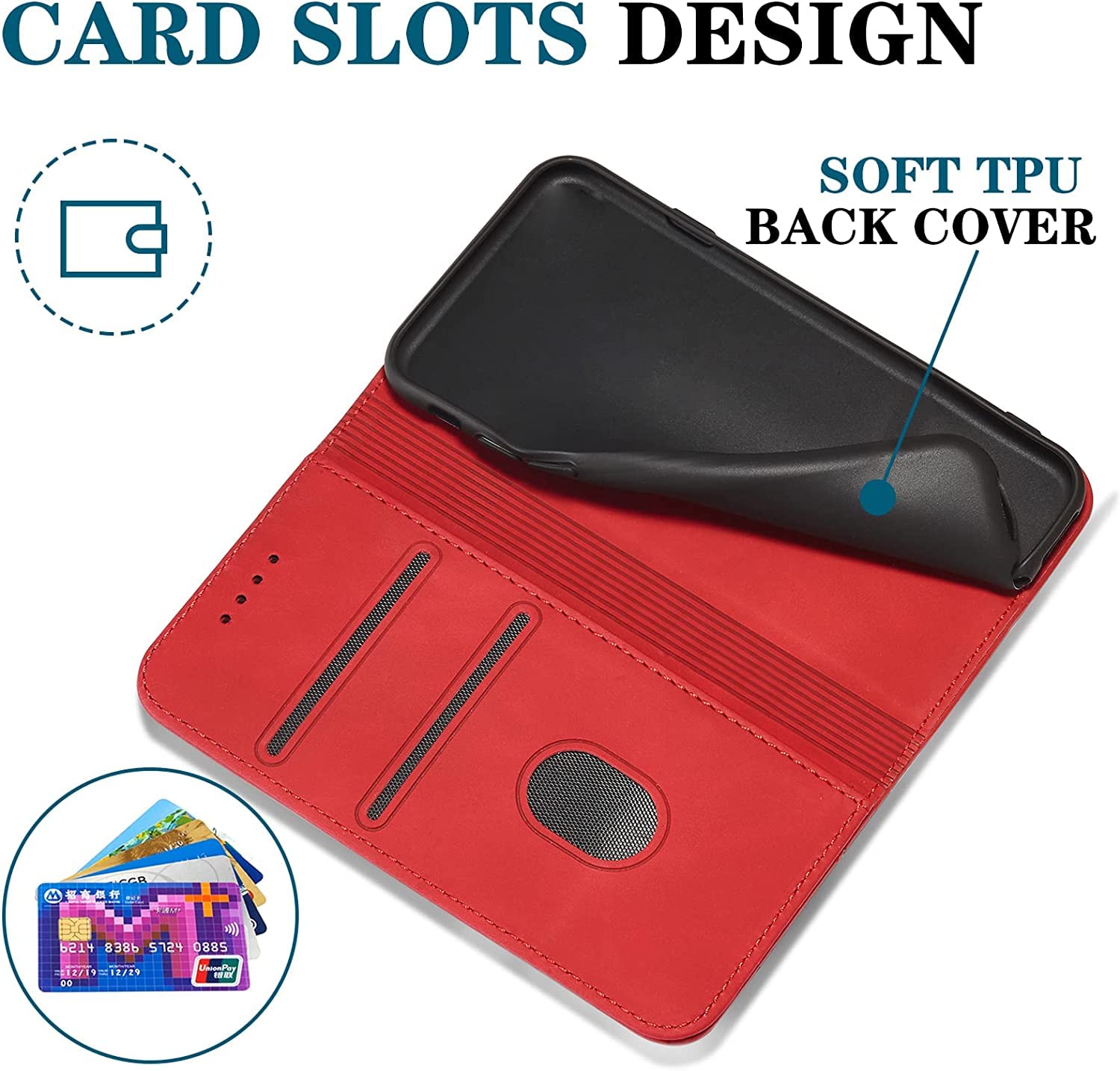 Cover per Sony Xperia 1 V, Custodia Flip Pelle Portafoglio Magnetica Libro [Slot Schede], Silicone TPU Bumper Wallet Supporto Cover, Custodia Antiurto [Kickstand] Protettiva Case (Rosso)