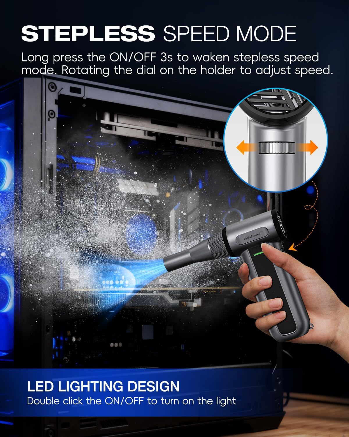 WeGuard W22 Electric Air Duster, 180000 RPM Compressed Air Duster with LED Light, 3-Speed Adjustable/Compressed Air Can Alternative, Dust Blower for Computer, Keyboard, Car, Leaves, Outdoor - Image 4