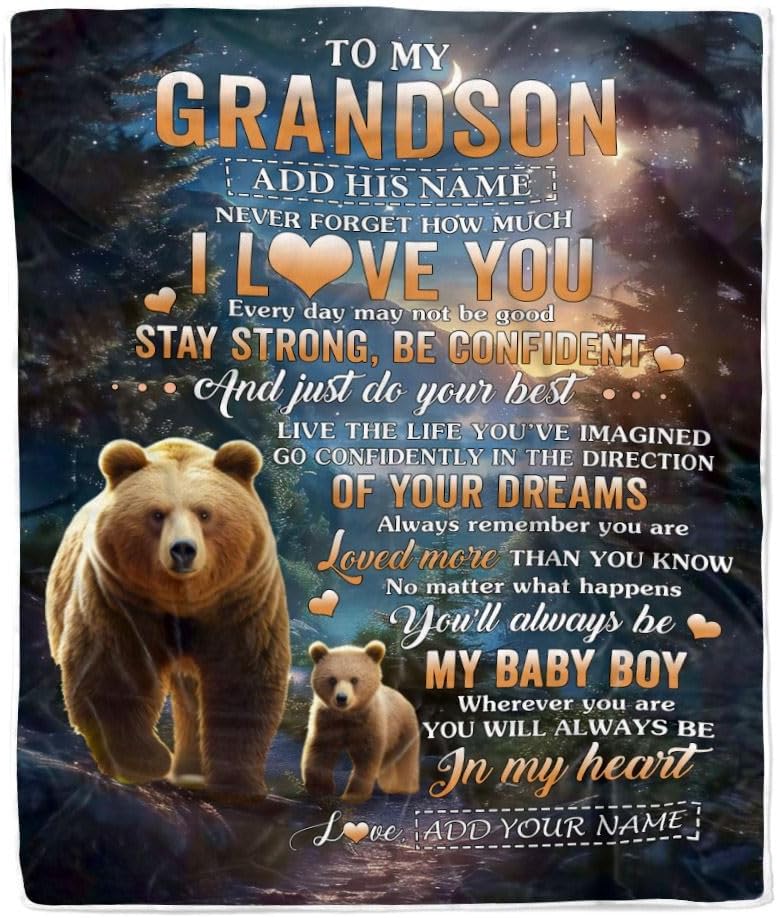Personalized to My Grandson Gifts from Grandma Grandpa Blanket Bear Never Forget How Much I Love You Grandson Birthday Graduation Christmas Fleece Blanket (30 x 40 in Baby Size)