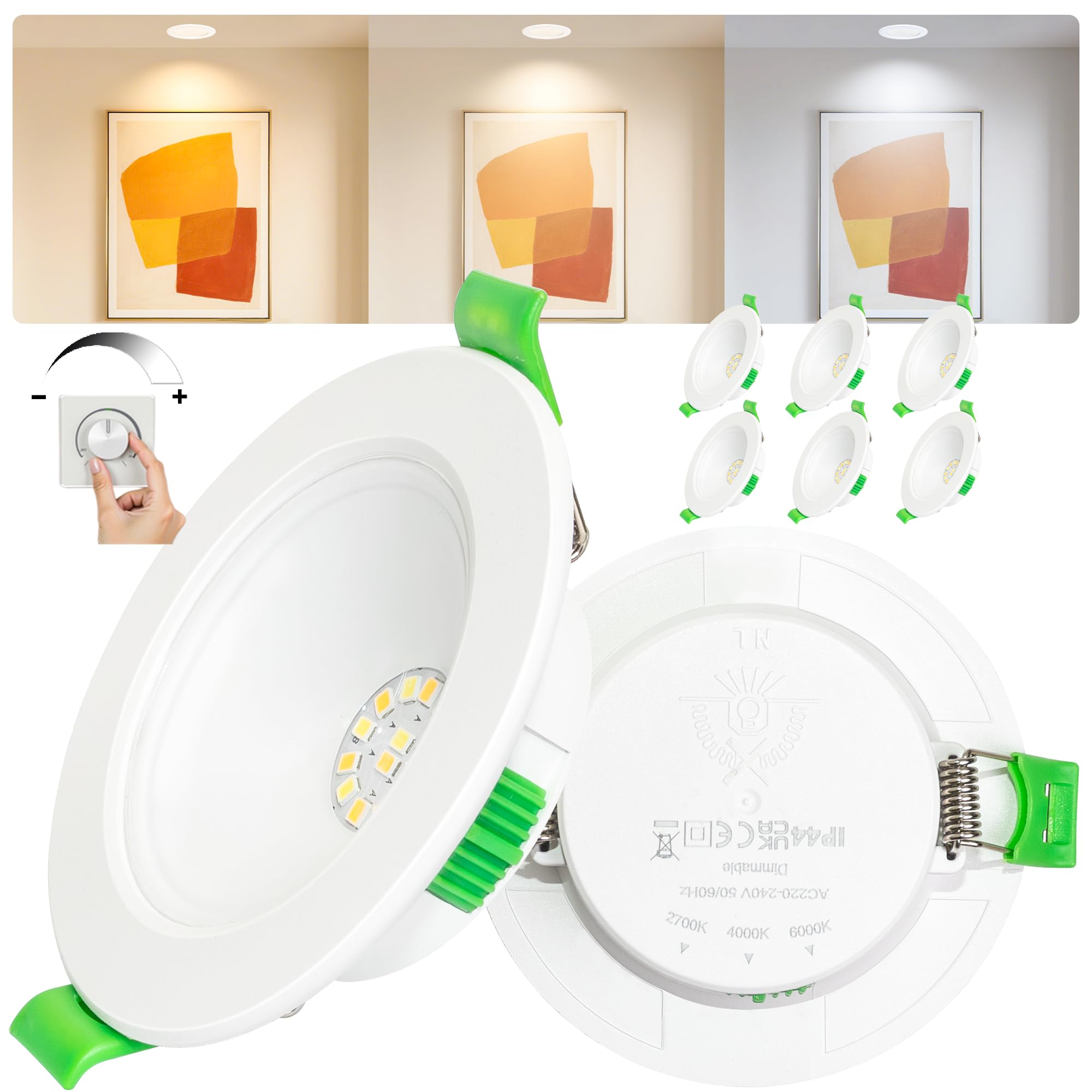 LED Einbaustrahler 230V Dimmbar 6er Set, 5W Ultra Flach Spots Deckenleuchte, LED Spot 230V 3CCT mit IP44 Wasserdicht für Badezimmer Küche Wohnzimmer, Ø68-75mm Lochmaß, Weiß