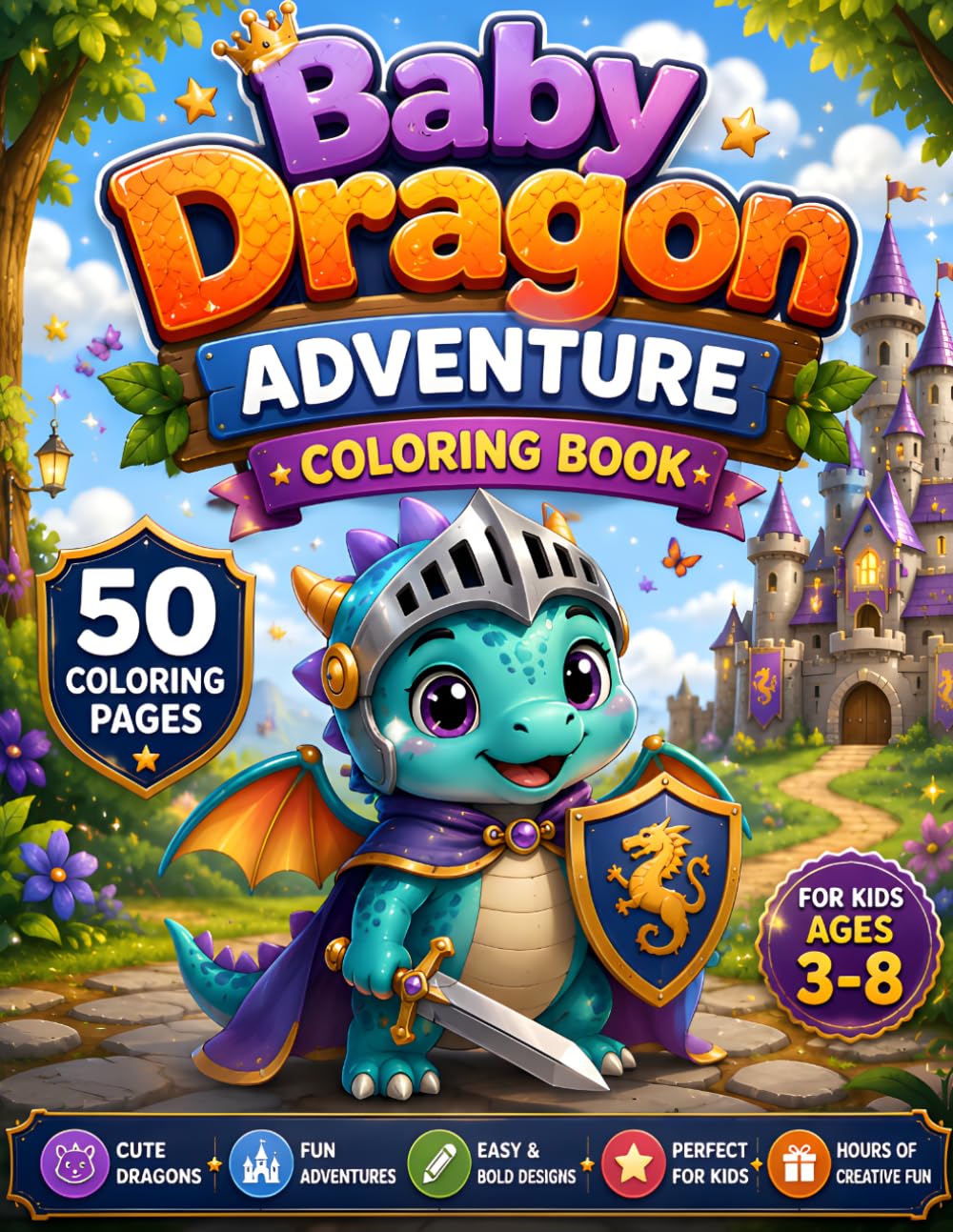 BABY DRAGON ADVENTURE COLORING BOOK: 50 Cute & Easy Fantasy Dragon Coloring Pages for Kids Ages 3–8