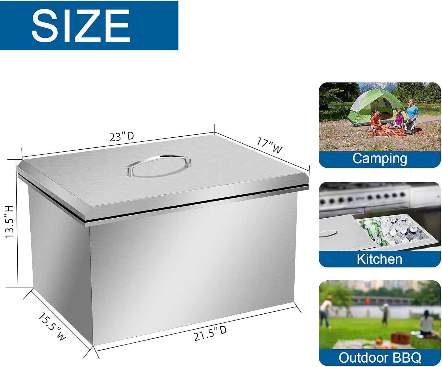Drop-in Ice Chest, 17" W x 23" D x 12" H, Stainless Steel Outdoor Ice Bin with Lid, Perfect for BBQ Islands, Outdoor Kitchens, and Bars, Includes Built-in Drain for Easy Maintenance