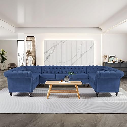 QHITTY U-Shaped Sofa, Sectional Chesterfield Velvet Couch 9-Seater Upholstered Large Accent Tufted Sofa with Rolled Armrest and Nailhead Design for Living Room, Apartment, Office (Blue)