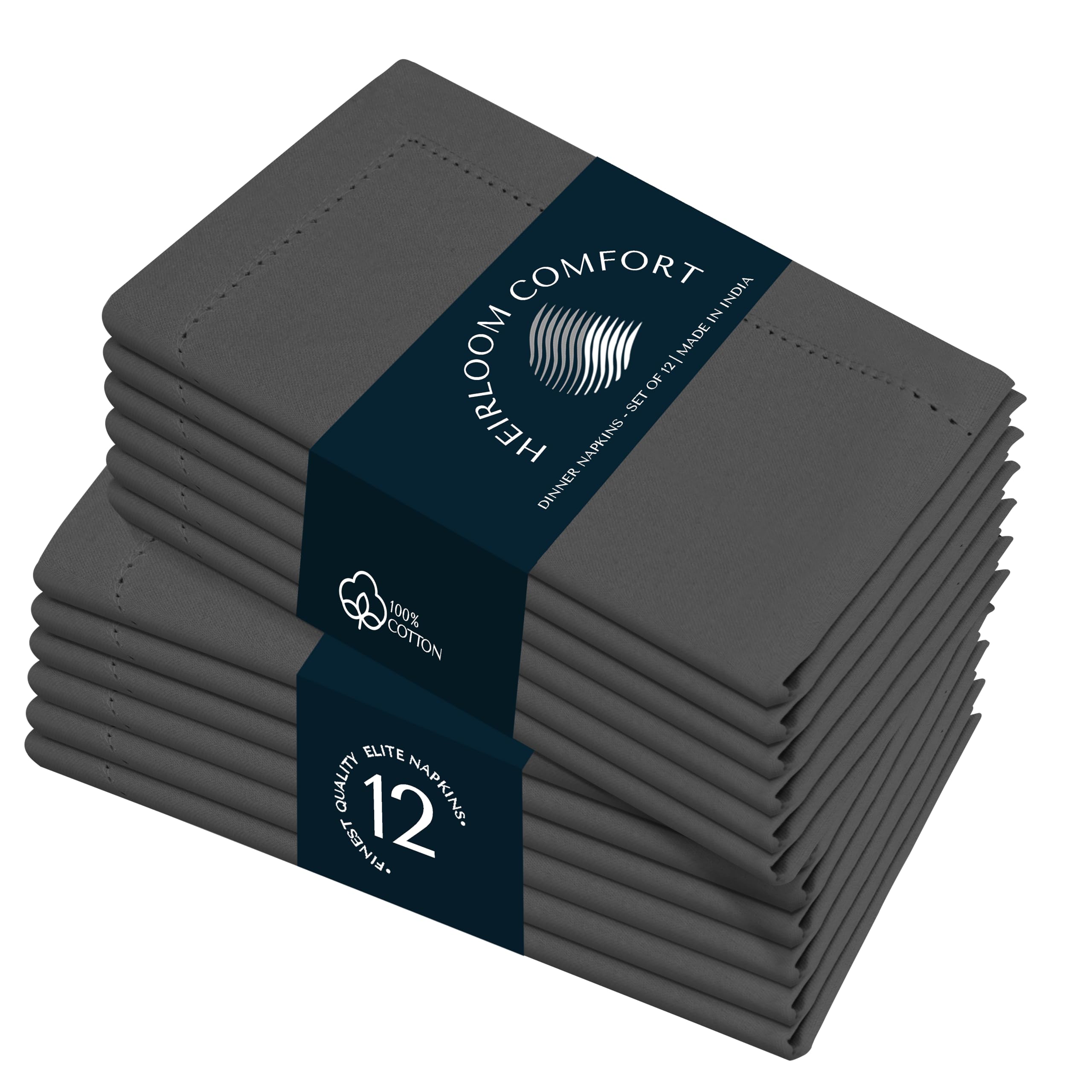 HEIRLOOM COMFORT Grey Cloth Napkins 45x45 cm, Set of 12-100% Cotton, Soft, Durable, Absorbent, Washable