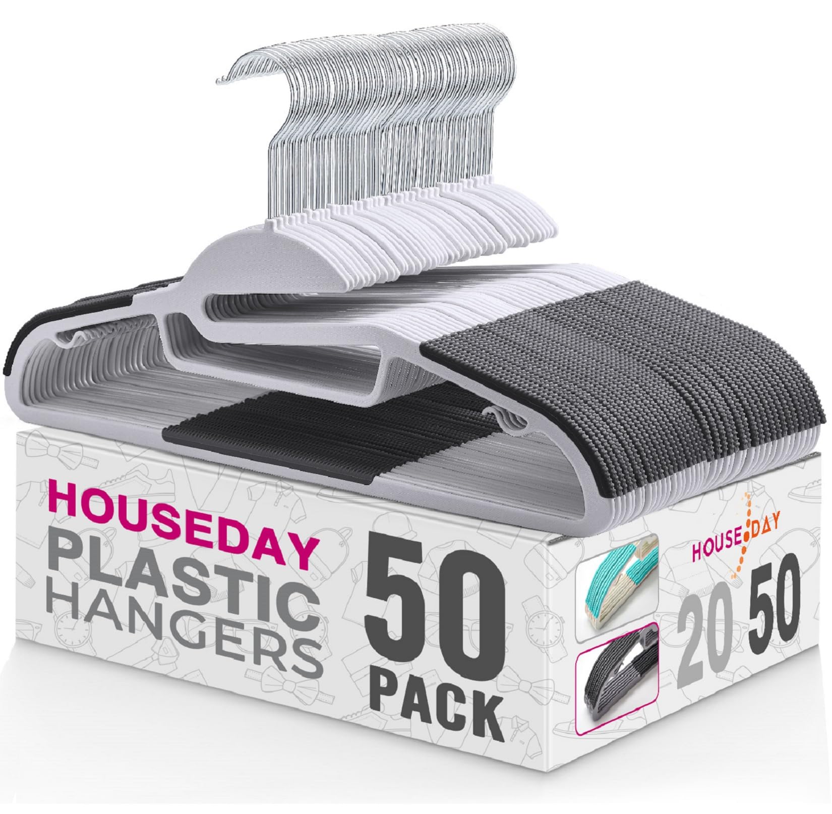 HOUSE DAY 50 Stück Kleiderbügel Kunststoff - Plastik Nass und Trocken Rutschfester Kleiderbügel Platzsparend Kunststoff Strapazierfähig 360°Haken Kleiderbügel（Grau/mit schwarz Gummistab）