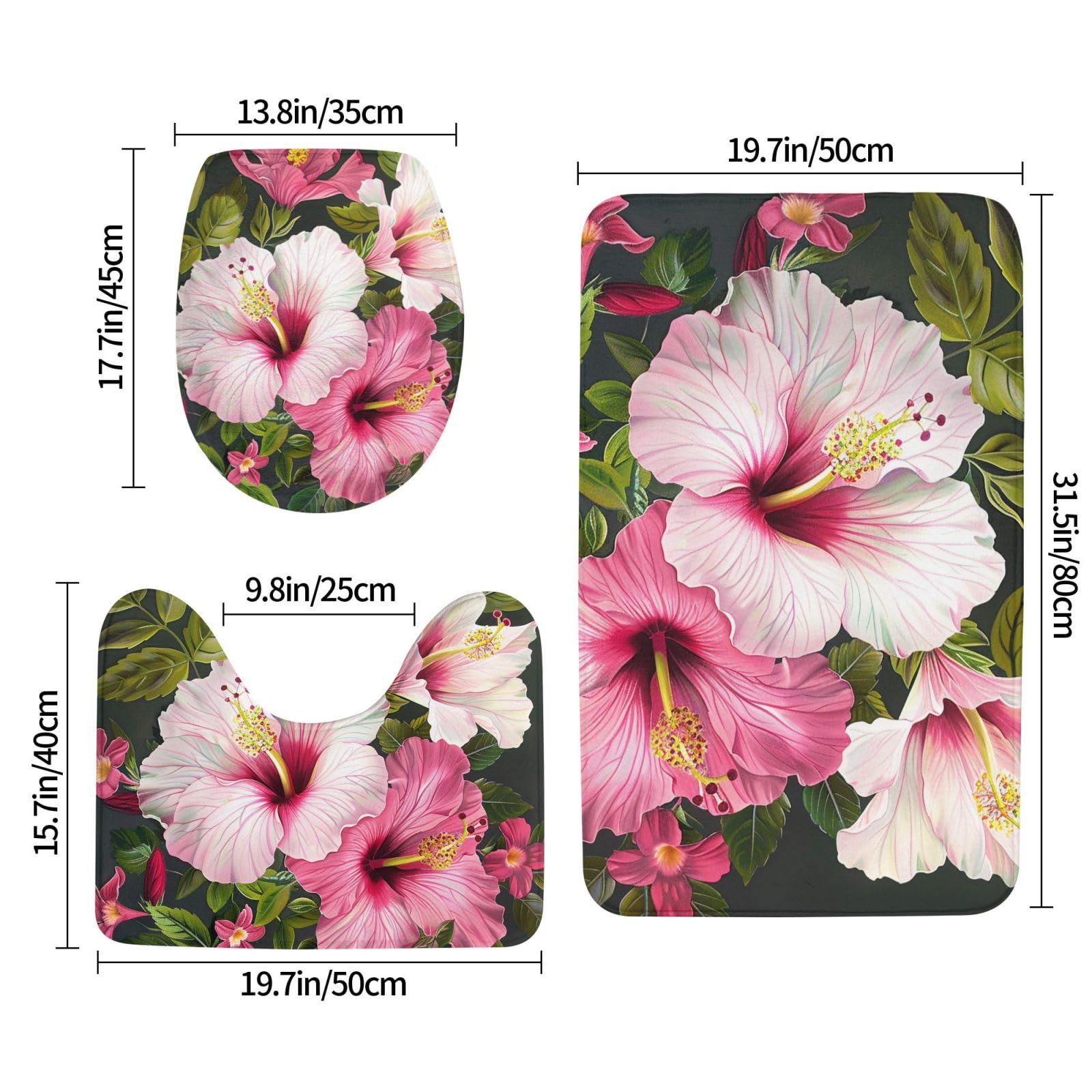 Lot de 3 tapis de salle de bain en flanelle avec tapis de bain + tapis contour + housse pour abattant de WC, motif fleurs d'hibiscus