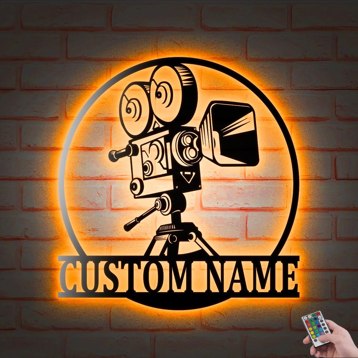 Custom Black Retro Movie Camera On A Tripod Metal Wall Art LED Light Personalized Name Sign Home Decor Mechanic Repair Decoration Hanging for Home Housewarming Xmas Dad Gifts