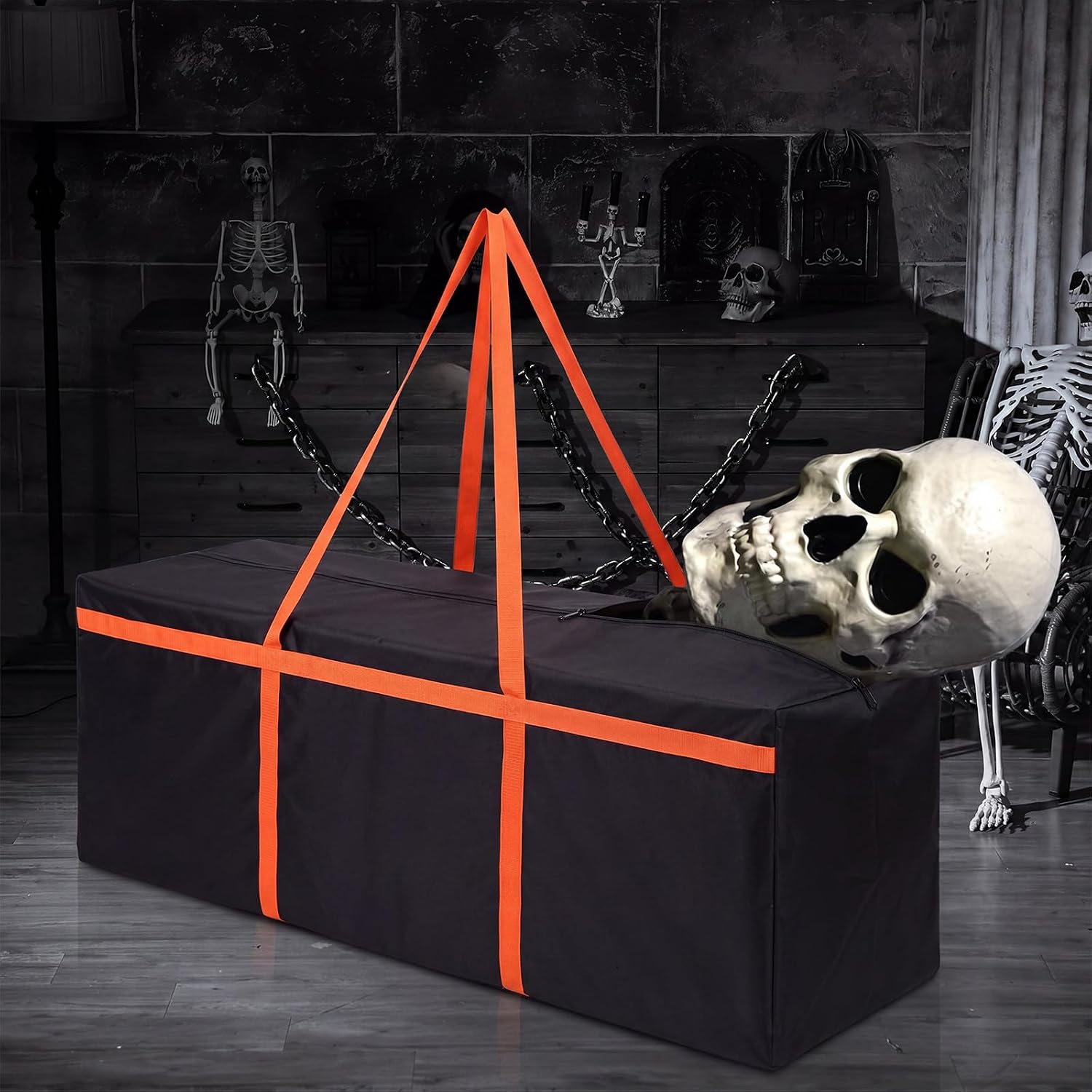Woanger Halloween 12ft Skeleton Storage Bag Heavy Duty, Orange and Black