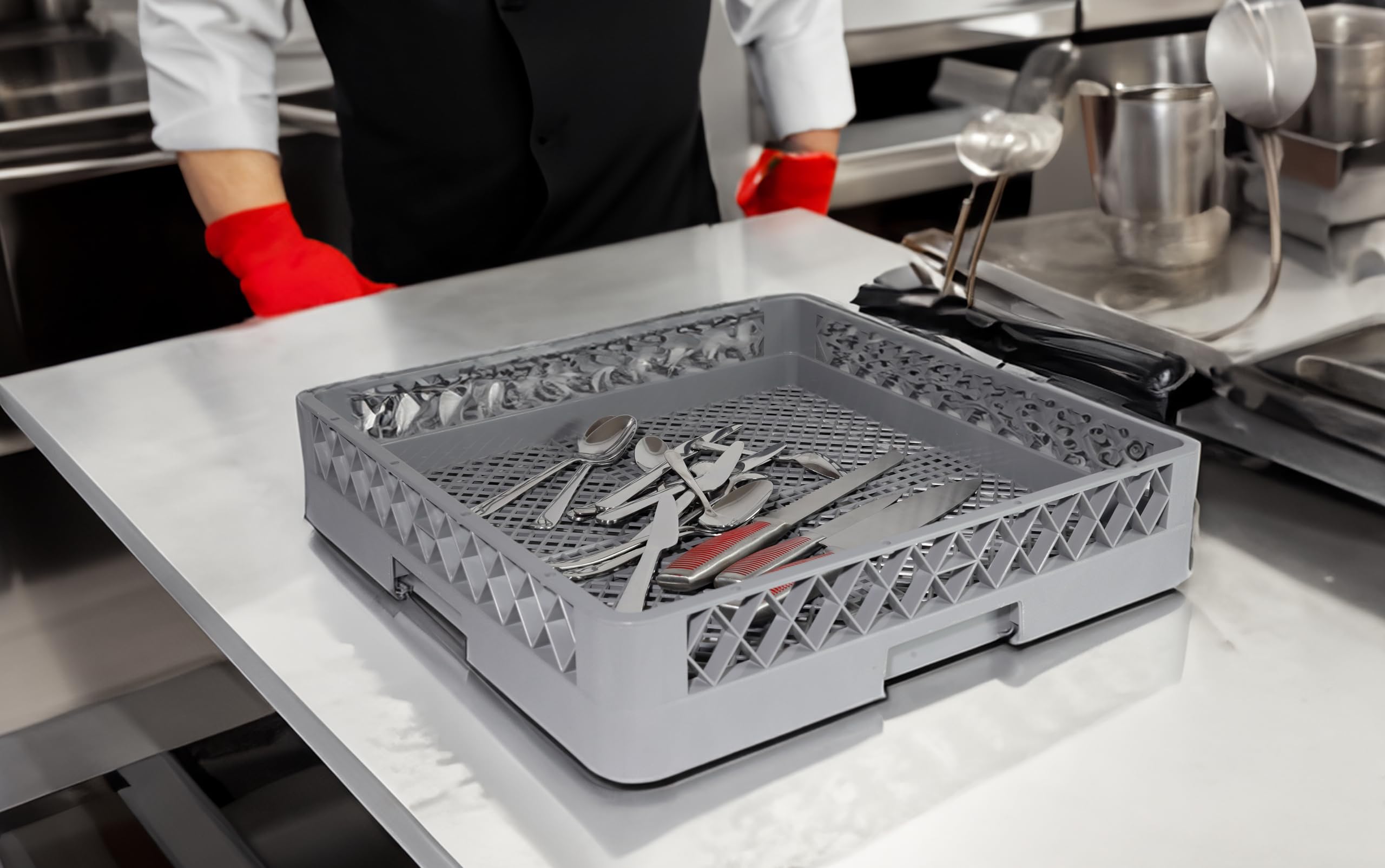 4-er Set Besteckkorb Gastro – Spülkorb Gastronomie 50x50 – für Besteck & Kleinteile – Spülmaschinenkorb universal, feinmaschig, stapelbar – Zubehör für Hotel, Restaurants oder Caterer