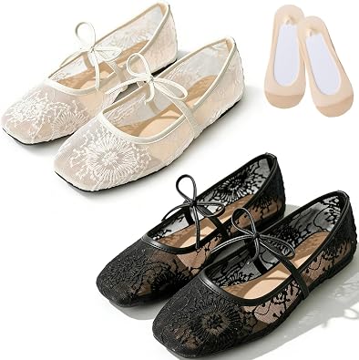 Lace Embroidery Ballet Flats, Womens Embroidered Lace Mesh Ballet Flats, Elegant Square Toe Flat Shoes