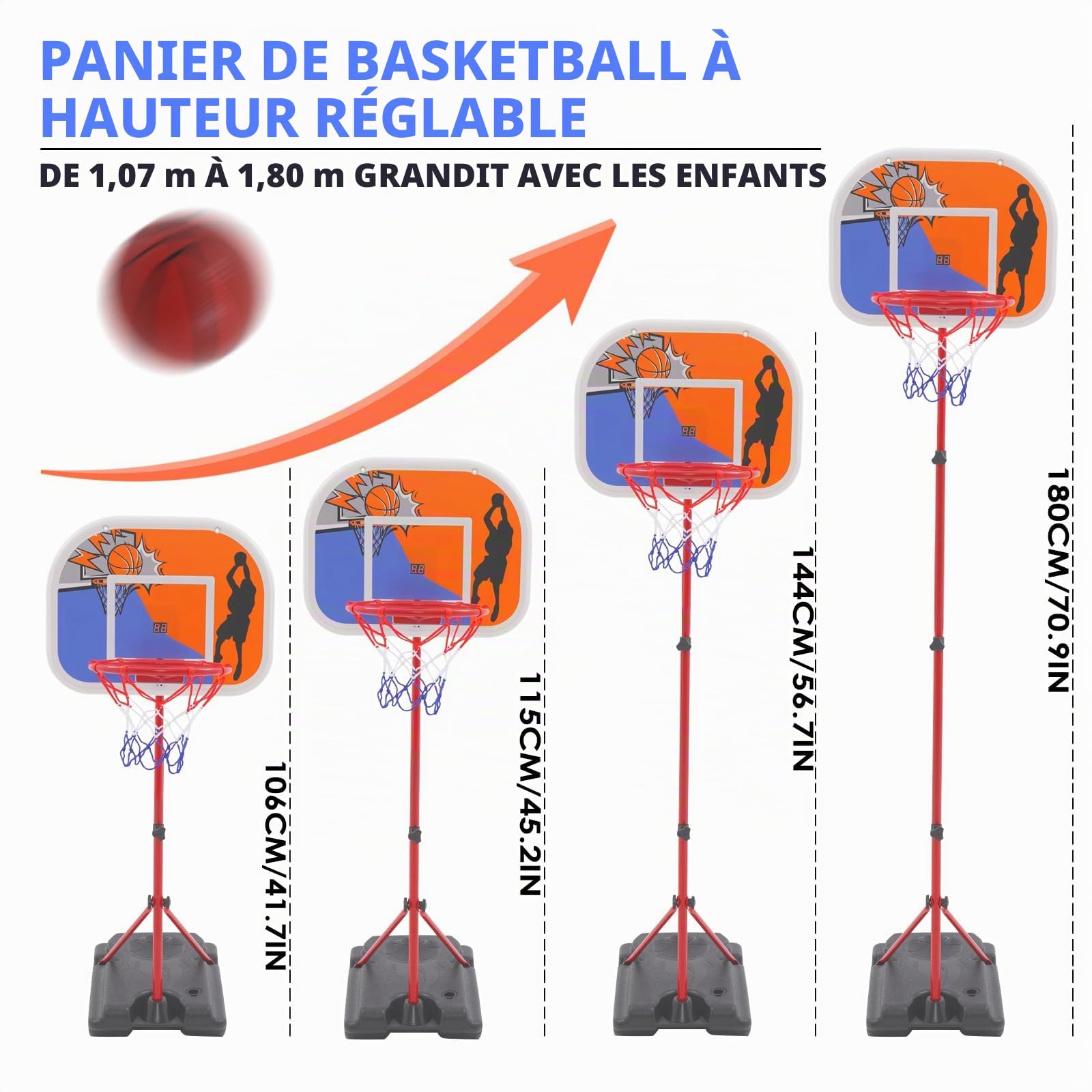 Panier de Basket pour Enfants, Support de Panier de Basket Portable, Hauteur réglable 80-180 cm, avec Tableau d'affichage, intérieur extérieur