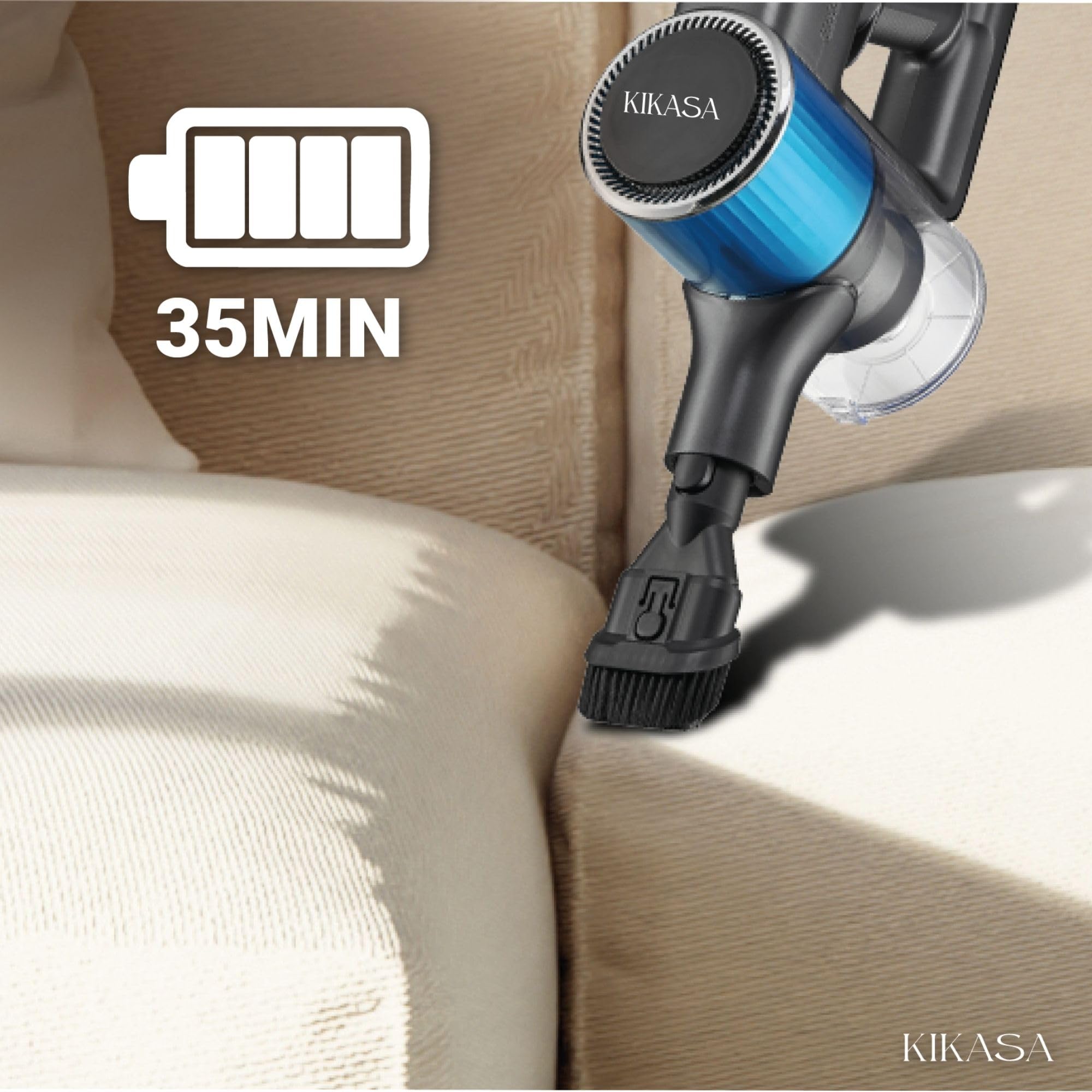 Kikasa Aspiradora Vertical Sin Cables 18.5V Plegable, 150W Potente, 3 Velocidades, Filtro HEPA, Cepillo con Luz LED y Depósito de 400 ml, hasta 35 min de Autonomía