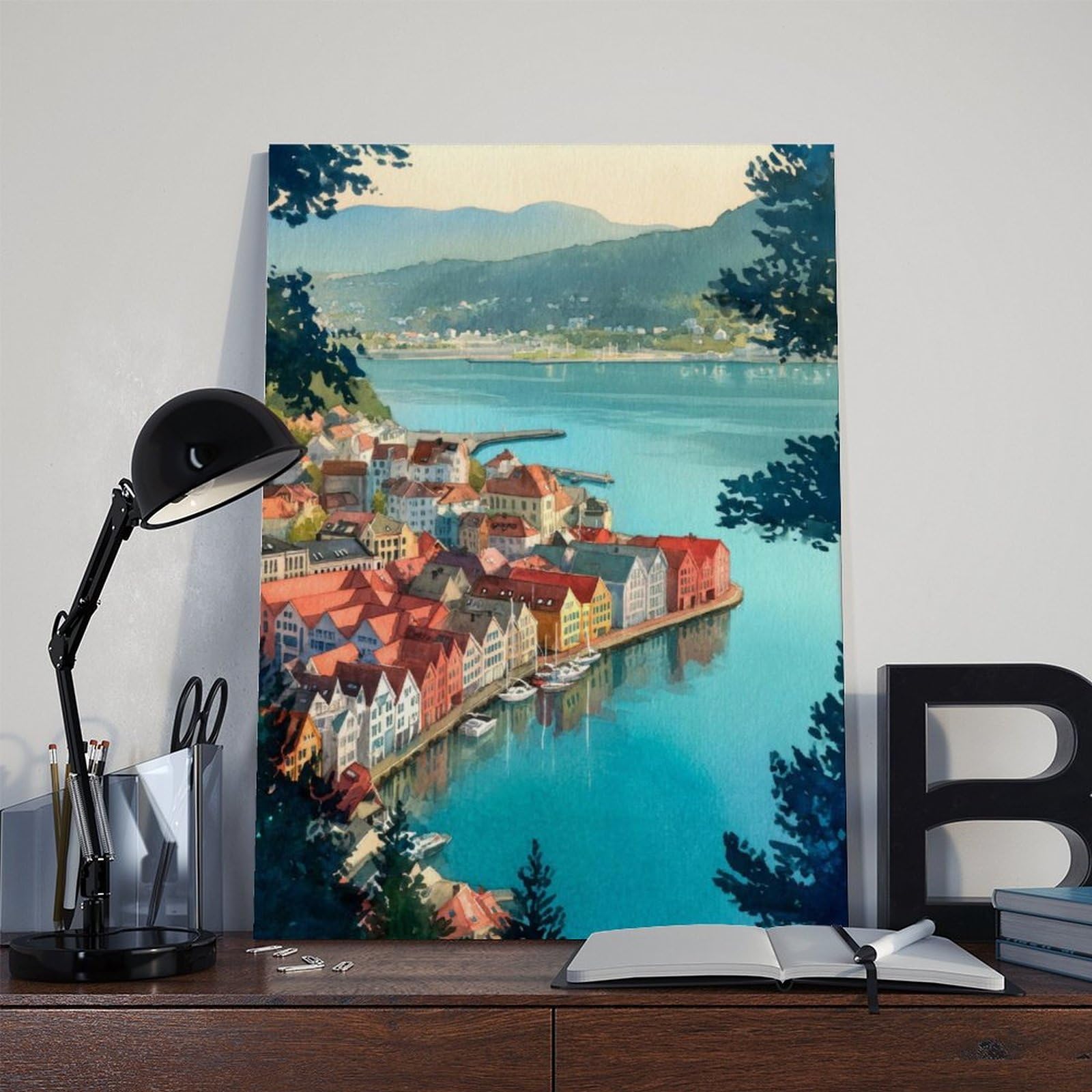 Bergen Port, poster di viaggio ad acquerello, paesaggio norvegese della città costiera, poster su tela, decorazione per camera da letto, ufficio, stanza, regalo, 40,6 cm di lunghezza x 61 cm di