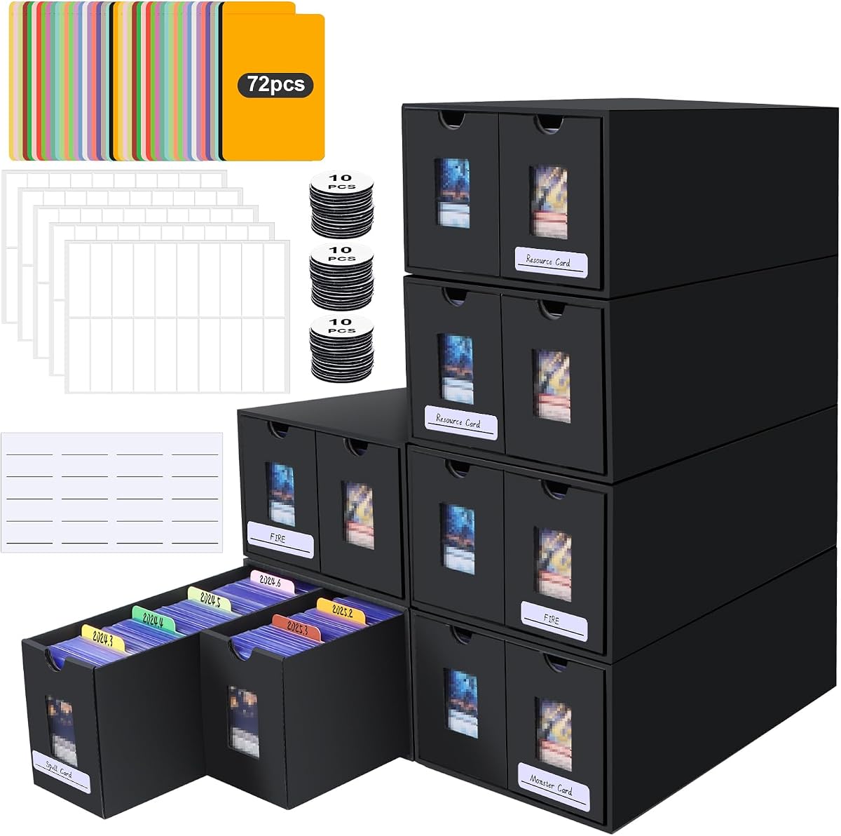 Caja de almacenamiento de tarjetas, almacenamiento de más de 11000 tarjetas coleccionables Caja de almacenamiento de tarjetas de carga superior 2000+ para pantalla Commander, con 72 divisores, etiquetas y cintas, apto para TCG, PTCG, MTG