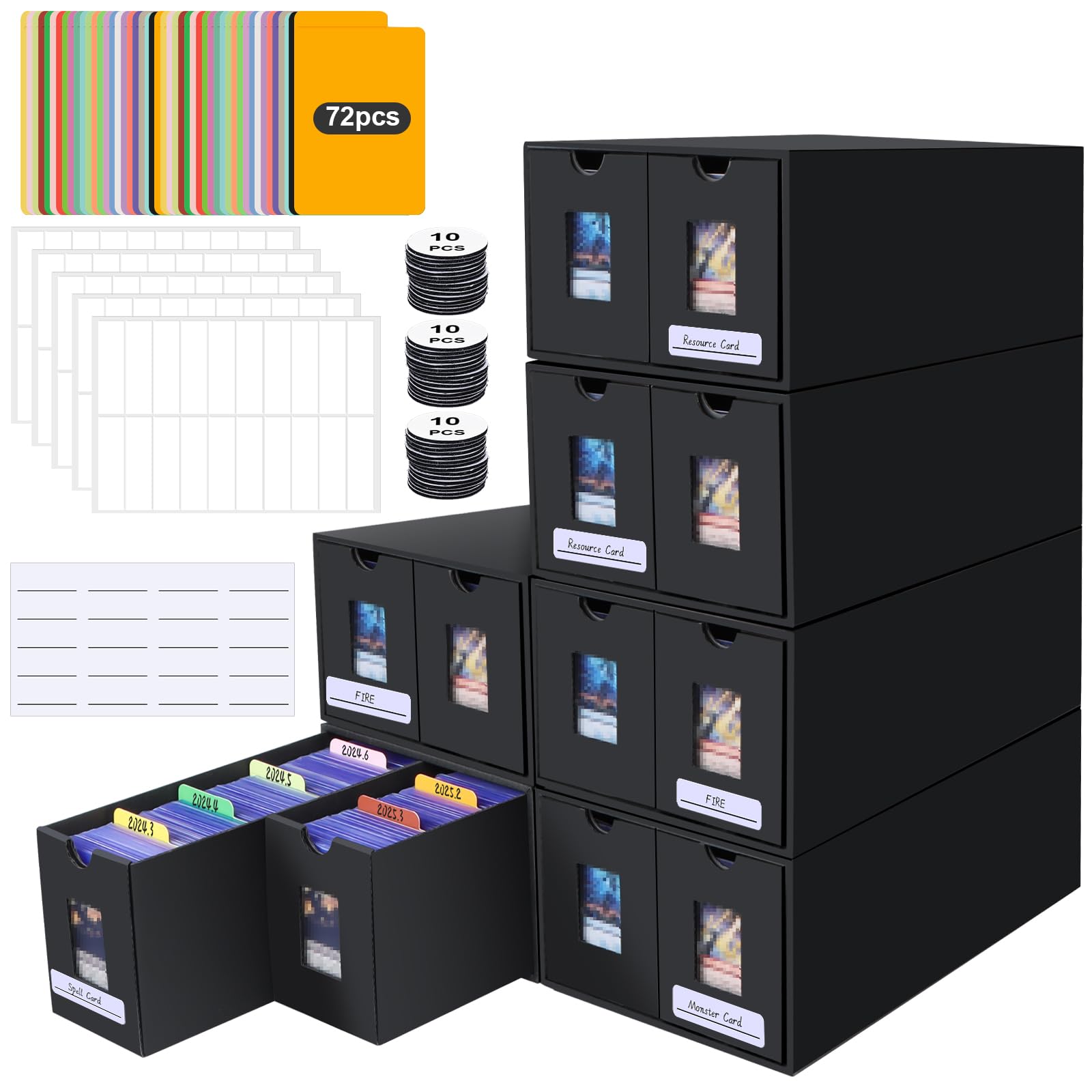 Boîte à Cartes Pour 11000+ Cartes, Boîtes de Rangement Pour Cartes à Collectionner Avec 72PCS Séparateurs,Etiquettes et Ruban Adhésif,Boîtes Magnétiques de Qualité Supérieure de Pour TCG Carte