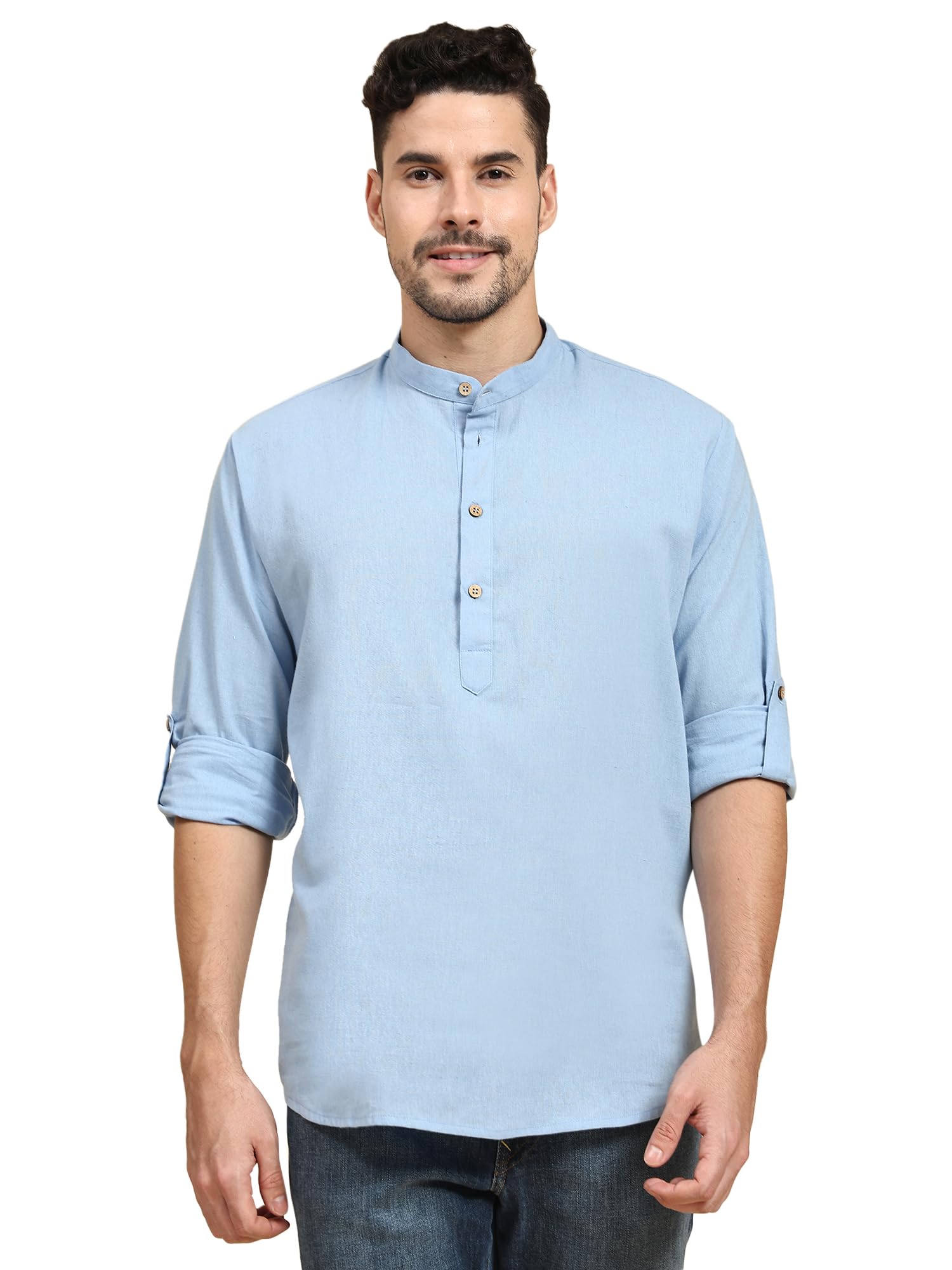 Skavij Men's Sky Blue Cotton Kurta Long Sleeve Casual Henley Shirt (Small, )