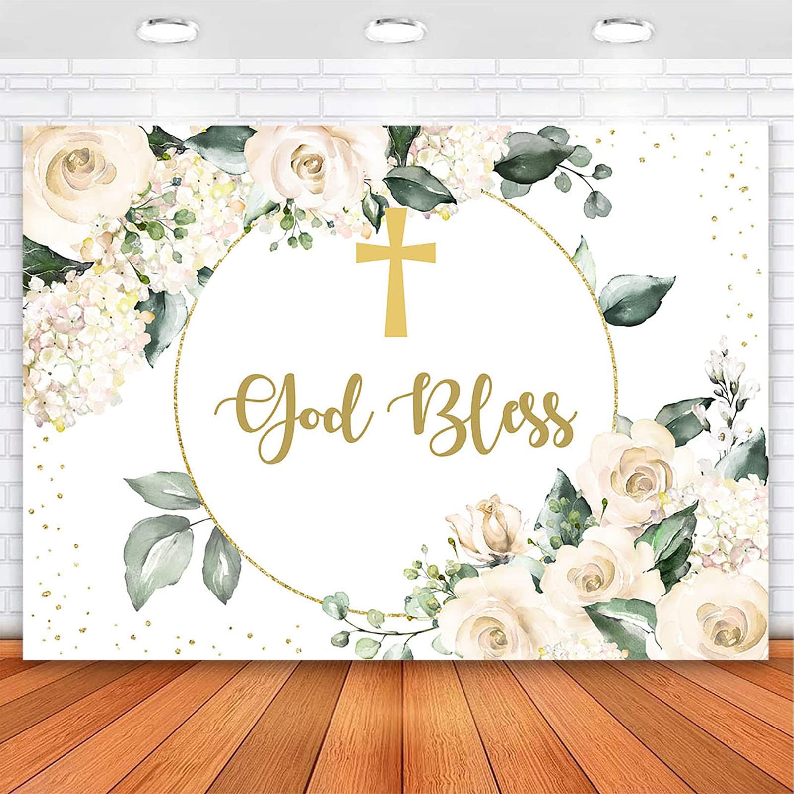 Buy Avezano Greenery God Bless Backdrop Baptism First Holy Communion Baby Shower Photography Background Green Gold Eucalyptus Botanical Gender Neutral God
