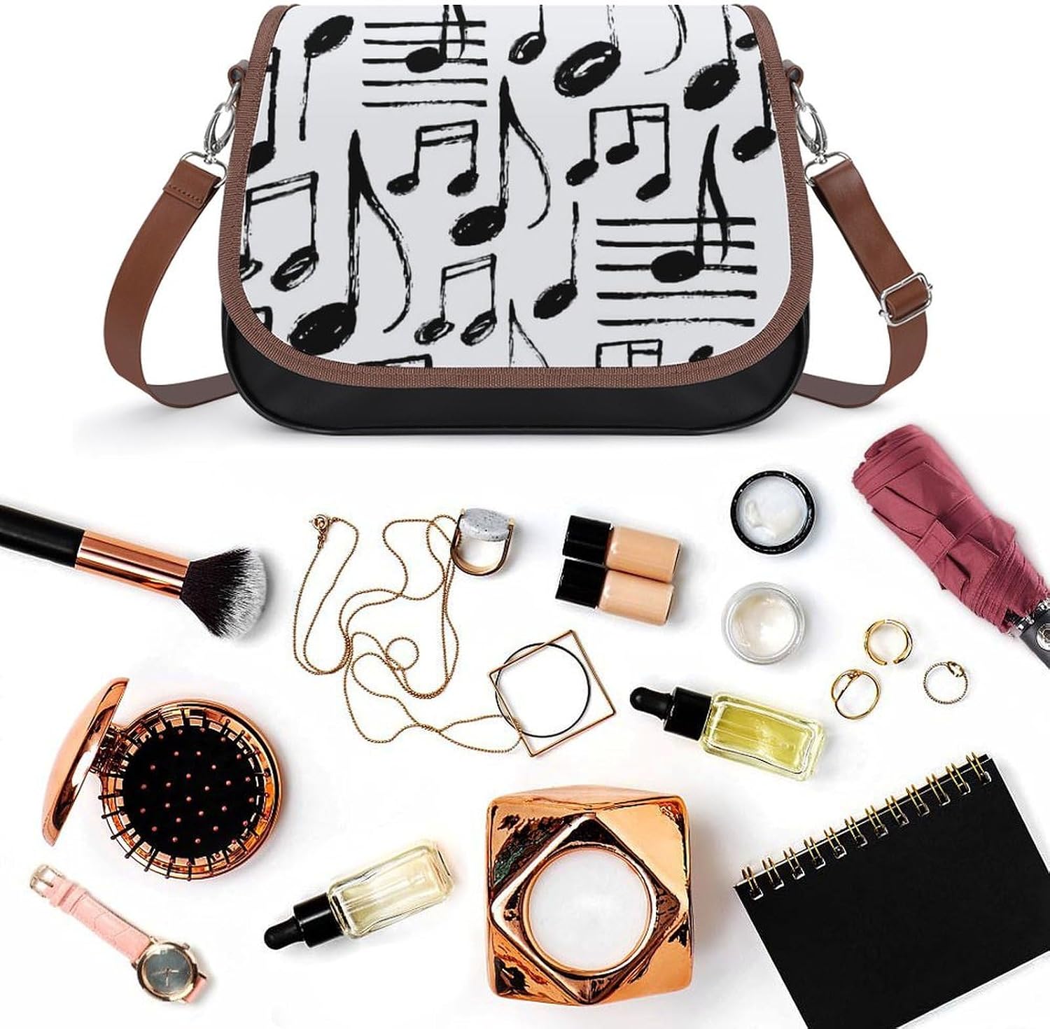 Hand Sketch Musical NotesWomen's Faux Leather Crossbody Bag, Waterproof Wrinkle-Resistant Shoulder Bag with Detachable Strap, Large Capacity Casual Handbag, Fashion Daily Purse for Shopping Work Datin
