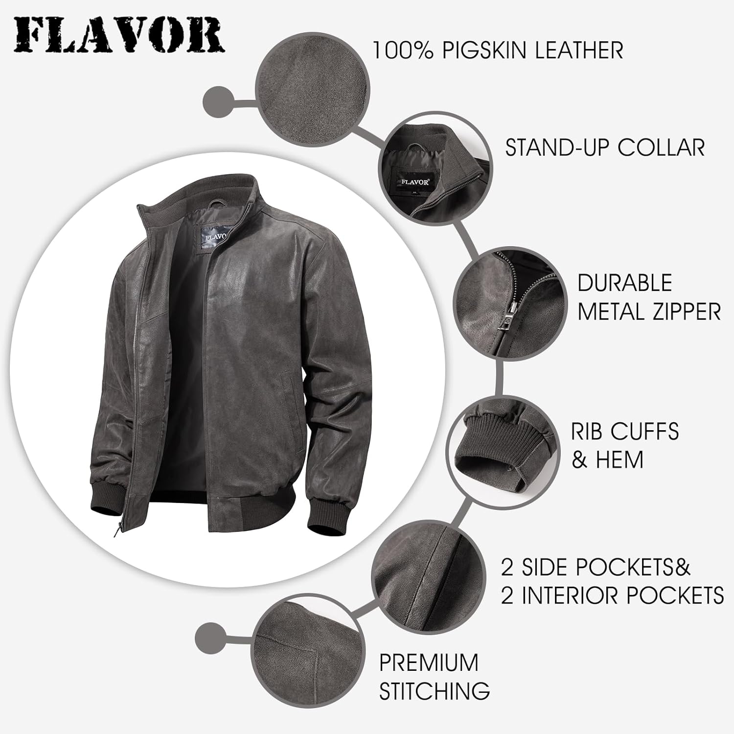 FLAVOR Men's Real Leather Bomber Casual Jacket - Image 5