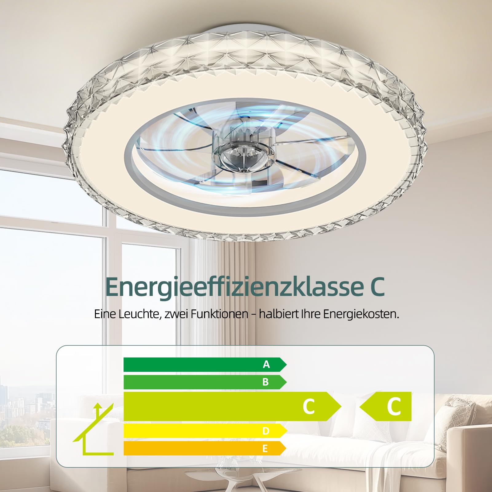 Ateroll Deckenventilator mit Beleuchtung Ø43.5CM, Kristall Dimmbar 3000K-4000K-6500K-RGB, 6 Geschwindigkeiten Fernbedienung