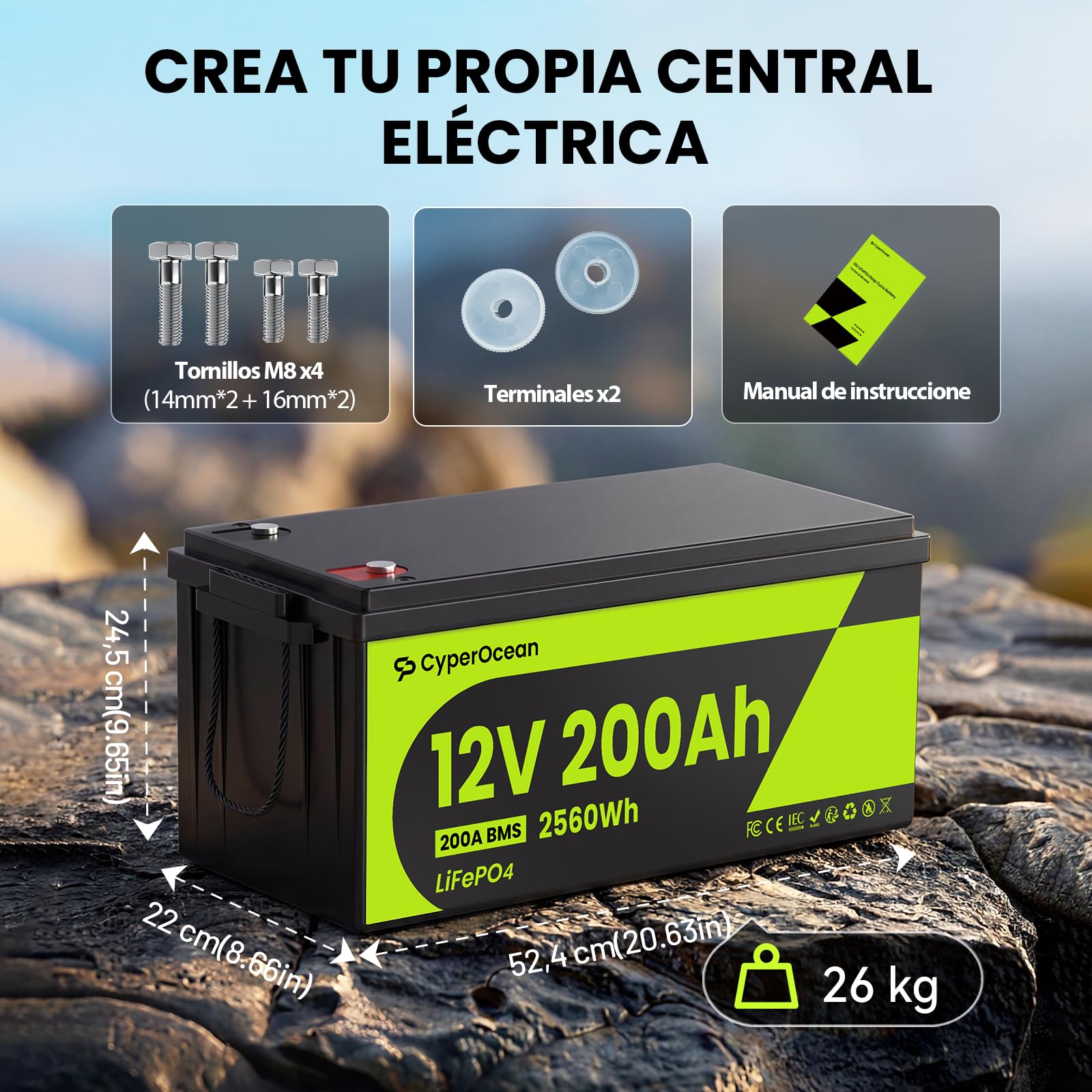 Bateria LiFepo4 12V 200Ah, Batería Litio 200Ah,IP65,200A BMS con Protección de Bajas Temperaturas,IP65,Batería Recargable de Coche para Autocaravana,Barco,Placa Solar