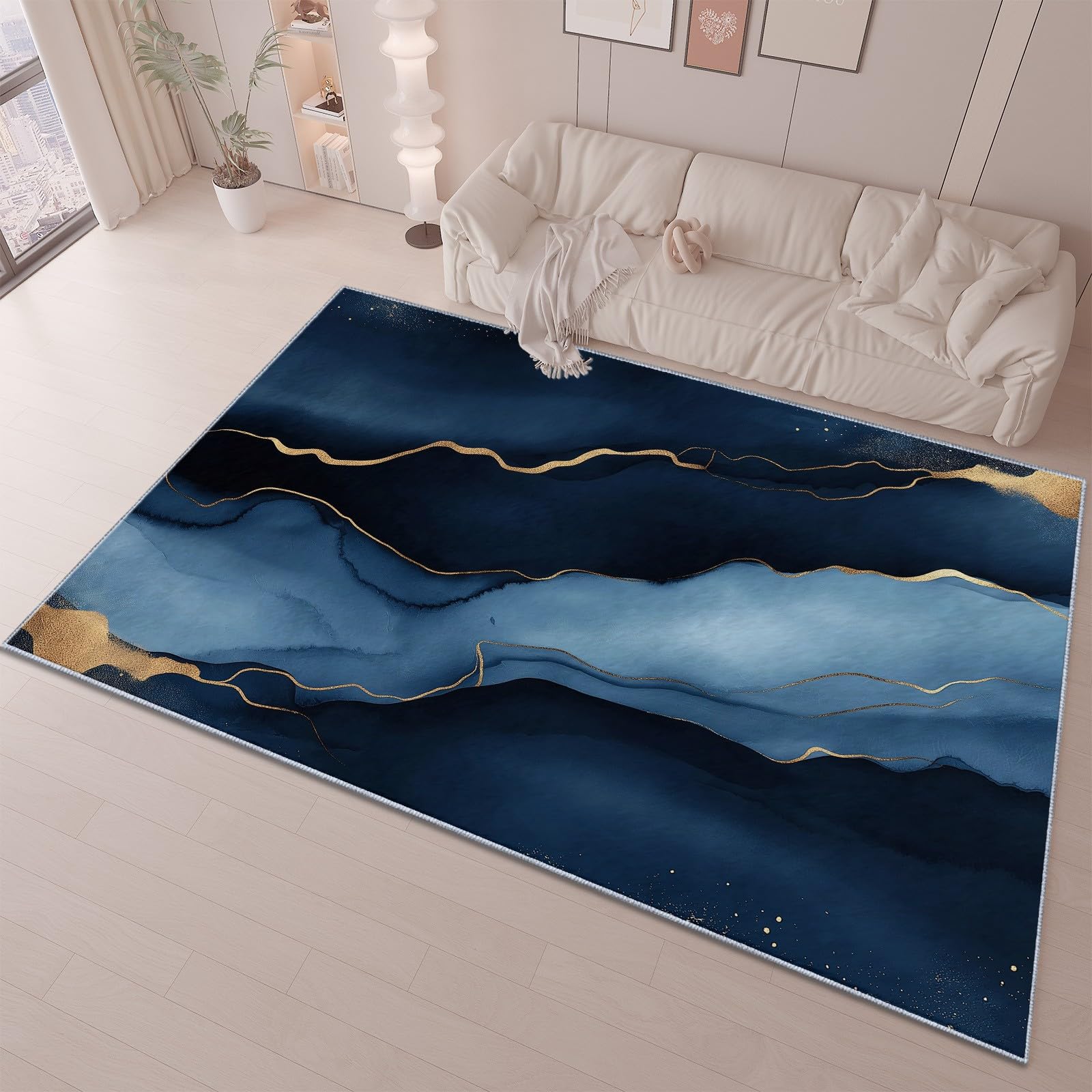Zmywalny dywan 120 cm x 180 cm akwarelowy ciemnoniebieski i złoty marmur – antypoślizgowy dywan ze sztucznej wełny z krótkim włosiem, miękkie dywaniki do salonu, sypialni, jadalni, dywan do dekoracji