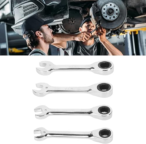 Miniatura 5 de Juego de llaves de trinquete, 4 piezas, 72 dientes, 0.315 in, 0.354 in, 0.433 in, 0.472 in, llave combinada profesional de trinquete de mango corto