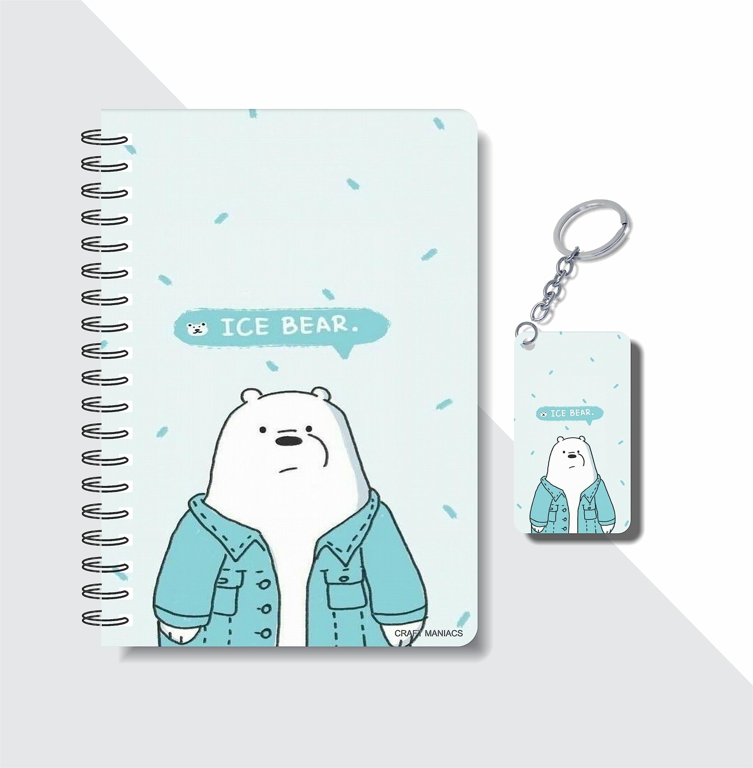 CRAFT MANIACS BARE BEARS ICE BEAR PRINTED A5 160 RULED PAGES NOTEBOOK & FREE WOODEN KEYCHAIN BEST GIFT FOR BEAR LOVERS
