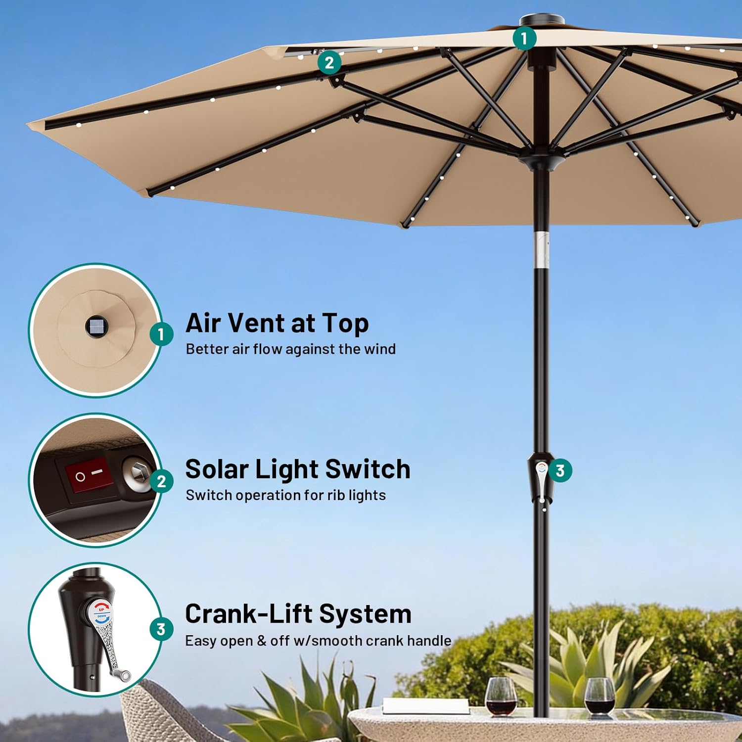 AreShark 9FT Patio Umbrella with Solar Lights, 32 Lighted Pool Umbrella w/Tilt and Crank, Outdoor Market Solar Umbrellas for Garden, Deck, Backyard, Pool and Beach, Beige