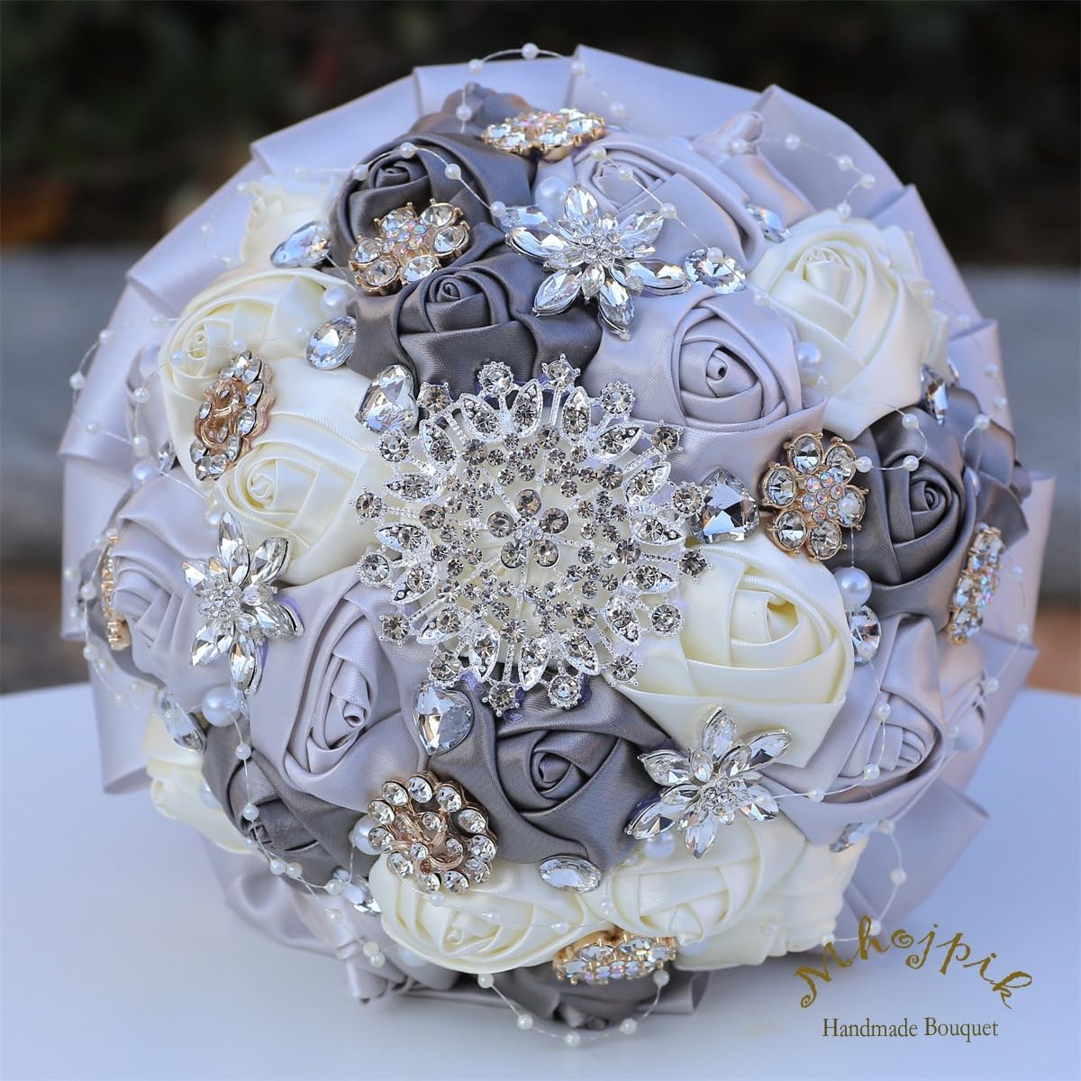 7.5" Silver, Gray & Ivory Bridal Wedding Bouquet Round Holding Bouquet Throw Toss Artificial Rose Flower Bunch for Bride Bridesmaid Wedding Quinceanera