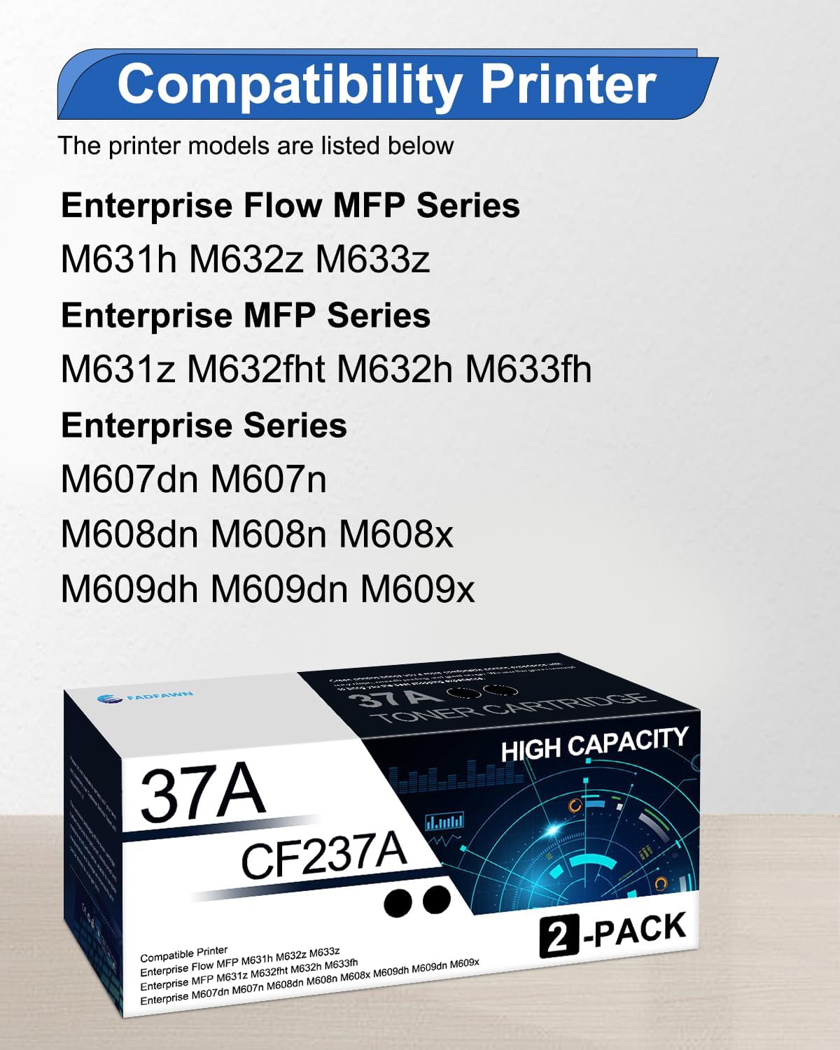 37A CF237A Black Toner Cartridge 2 Pack: Compatible Replacement for HP 37A Enterprise M607 M608 M609 MFP M631 M632 M633 Printers