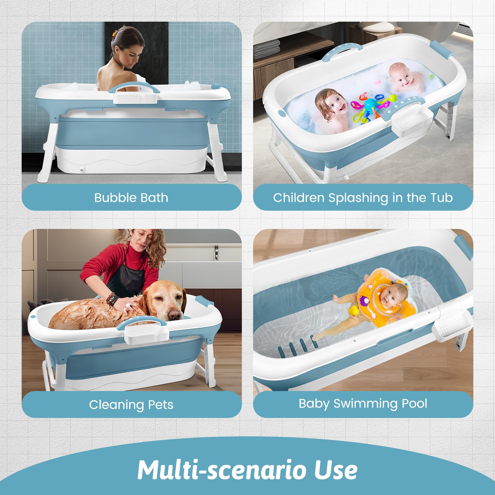Baignoire Pliable pour Adulte - 128 x 62 x 52 cm - Mobile Avec Couvercle - Panier à Savon Portable - Roulettes de Massage - Idéal pour Petites Salles de Bains