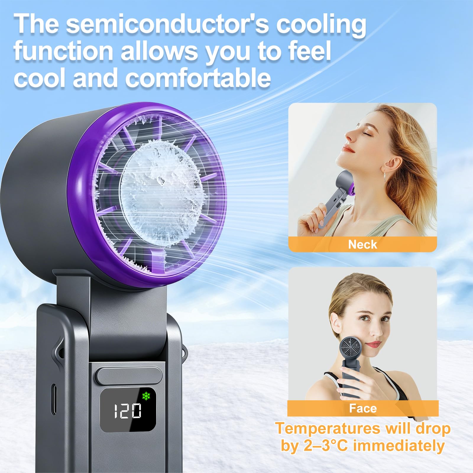Ventilatore Portatile, Ventilatore Portatile Ricaricabile con Funzione Rinfrescante, 120 Livelli di Velocità, Ideale per Viaggi, Attività All'Aperto, in Ufficio e a Casa (Grigio)