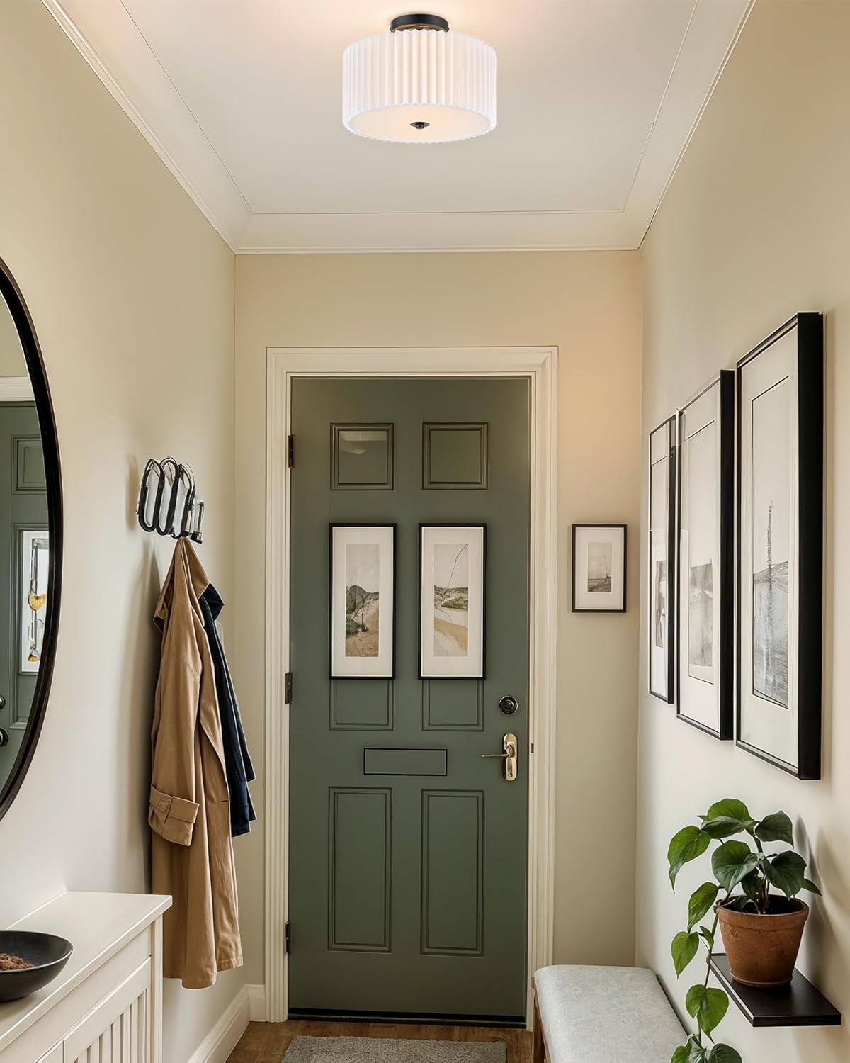 VONLUCE Semi-Flush Mount Ceiling Light, 12.2" Modern 2-Light Ceiling Light Fixture with White Pleated Drum Shade 2 E26 Sockets for Bedroom Entryway Living Room, Black Finish, ETL Certificated
