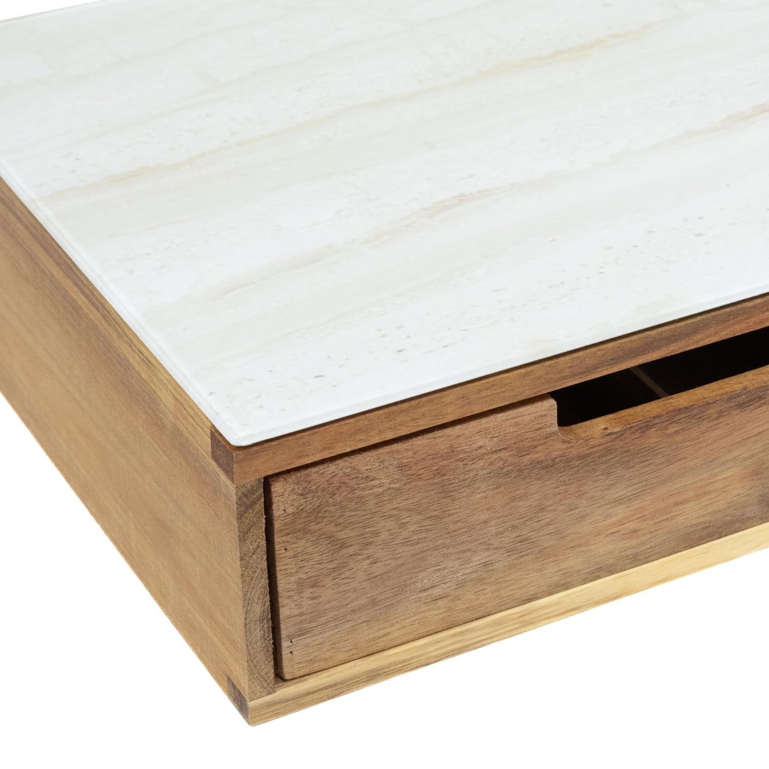 Portacapsule Bambù con Cassetto Ripiano Vetro Effetto Marmo Chiaro Scomparti Caffè Organizzatore 56 Capsule Capacità Contenitore Cialde Tisana Tè Bustine Zucchero Bicchierini 30 x 30 x 9,7 cm