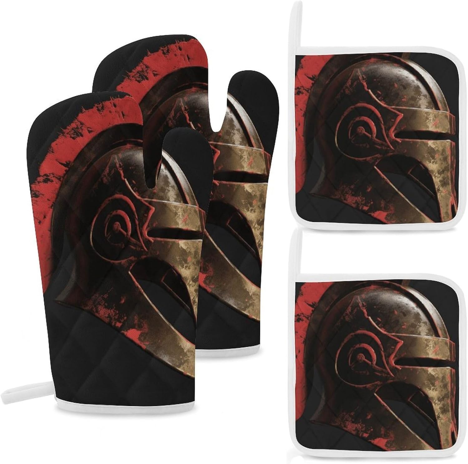4-Piece Oven Mitts and Pot Holders Set Spartan Warrior Helmet Printed Heat-Resistant Polyester Kitchen Gloves and Potholders Comfortable & Durable for Cooking Baking and Grilling