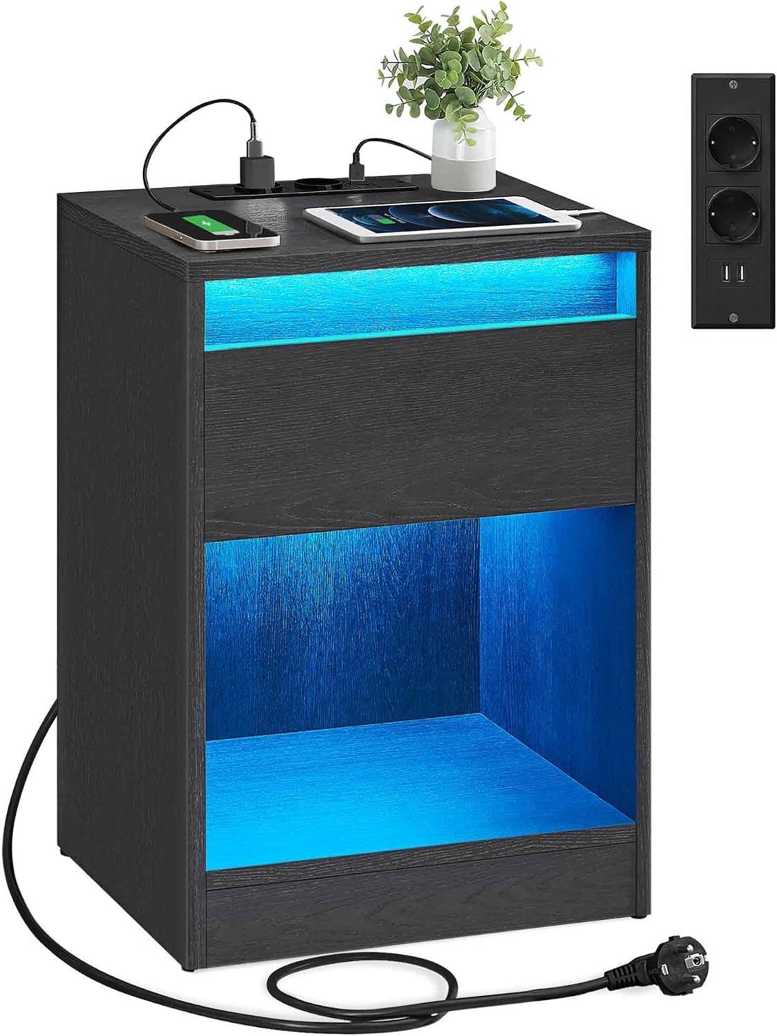 VASAGLE LED Bedside Table with 2 AC Outlets and 2 USB Ports