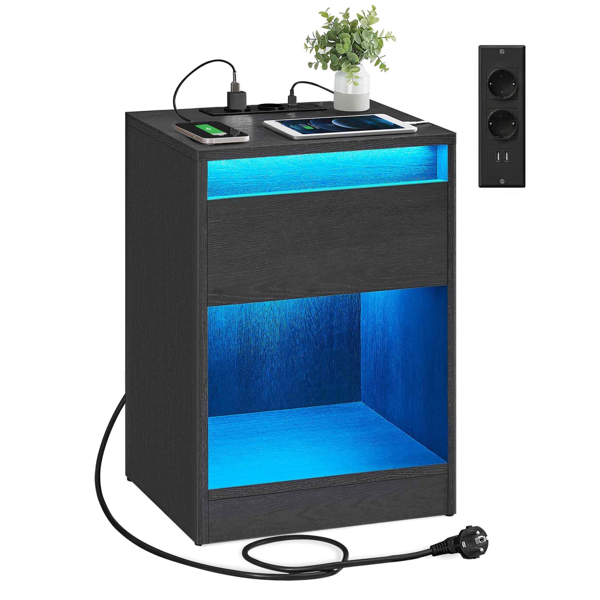 VASAGLE Nachttisch mit Einstellbarer LED-Beleuchtung, Beistelltisch mit Steckdosen, Schublade, 2 AC-Steckdosen, 2 USB-Anschlüsse, modern, für Schlafzimmer, Wohnzimmer, aschschwarz LET618T22