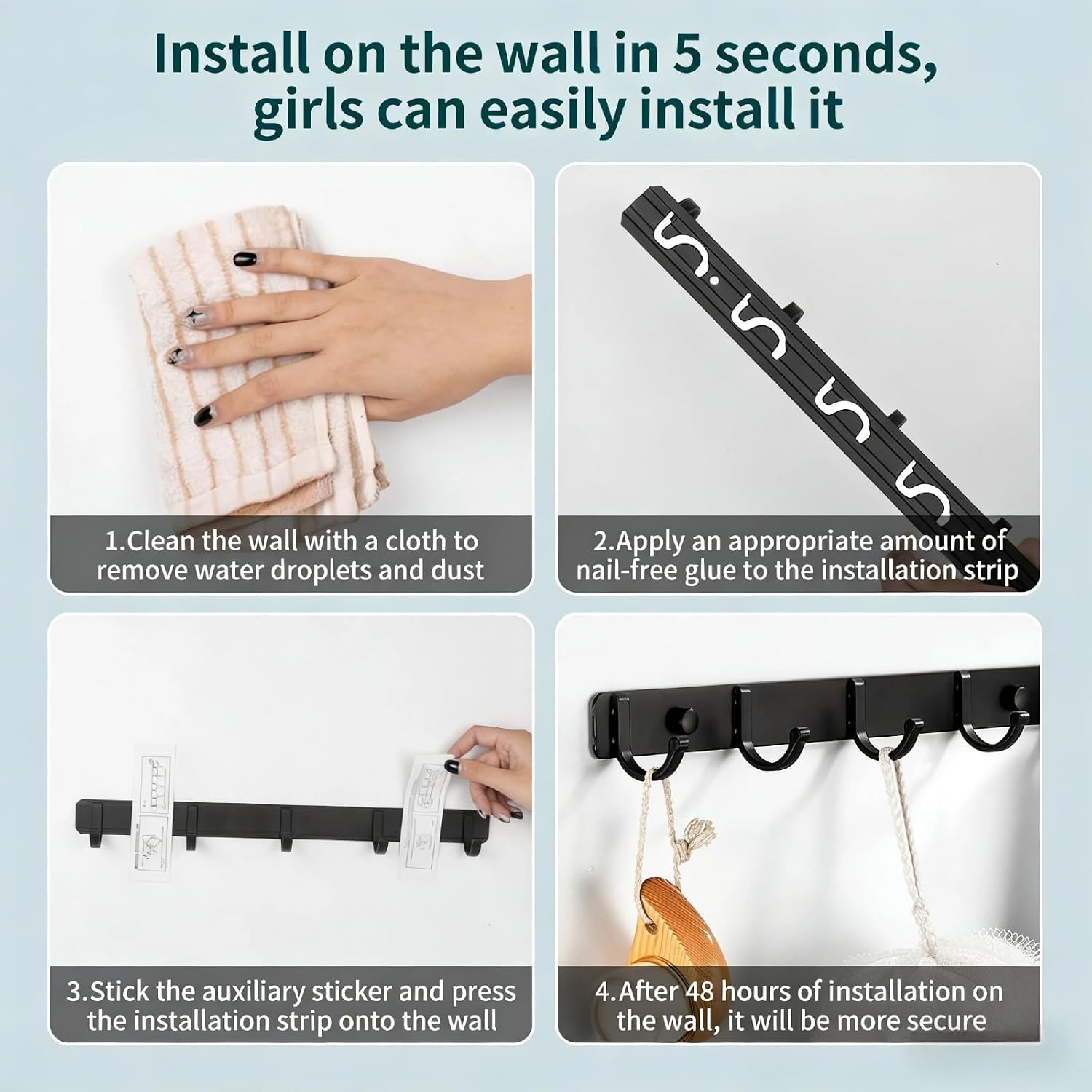 SALAN Coat Rack Wall Mount, Heavy Duty Wall Hooks for Hanging Coats, Hats, Towels, Bags, Keys & Backpacks, Black Metal Wall Mounted Coat Hanger for Entryway, Bathroom, Mudroom, Bedroom (4 Hooks)
