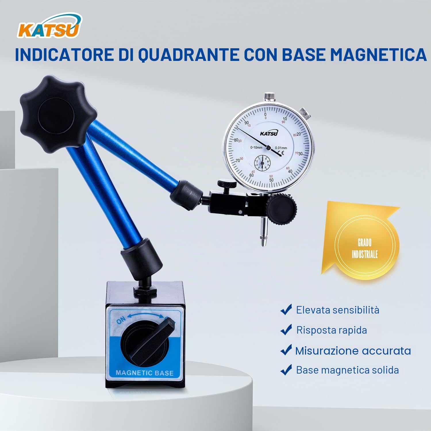 KATSU Indicatore a Quadrante Calibro con Base Magnetica e Set di 22 Punti Indicatori, DTI 0-10mm 0.01mm Strumenti di Misura ad Alta Precisione 401118