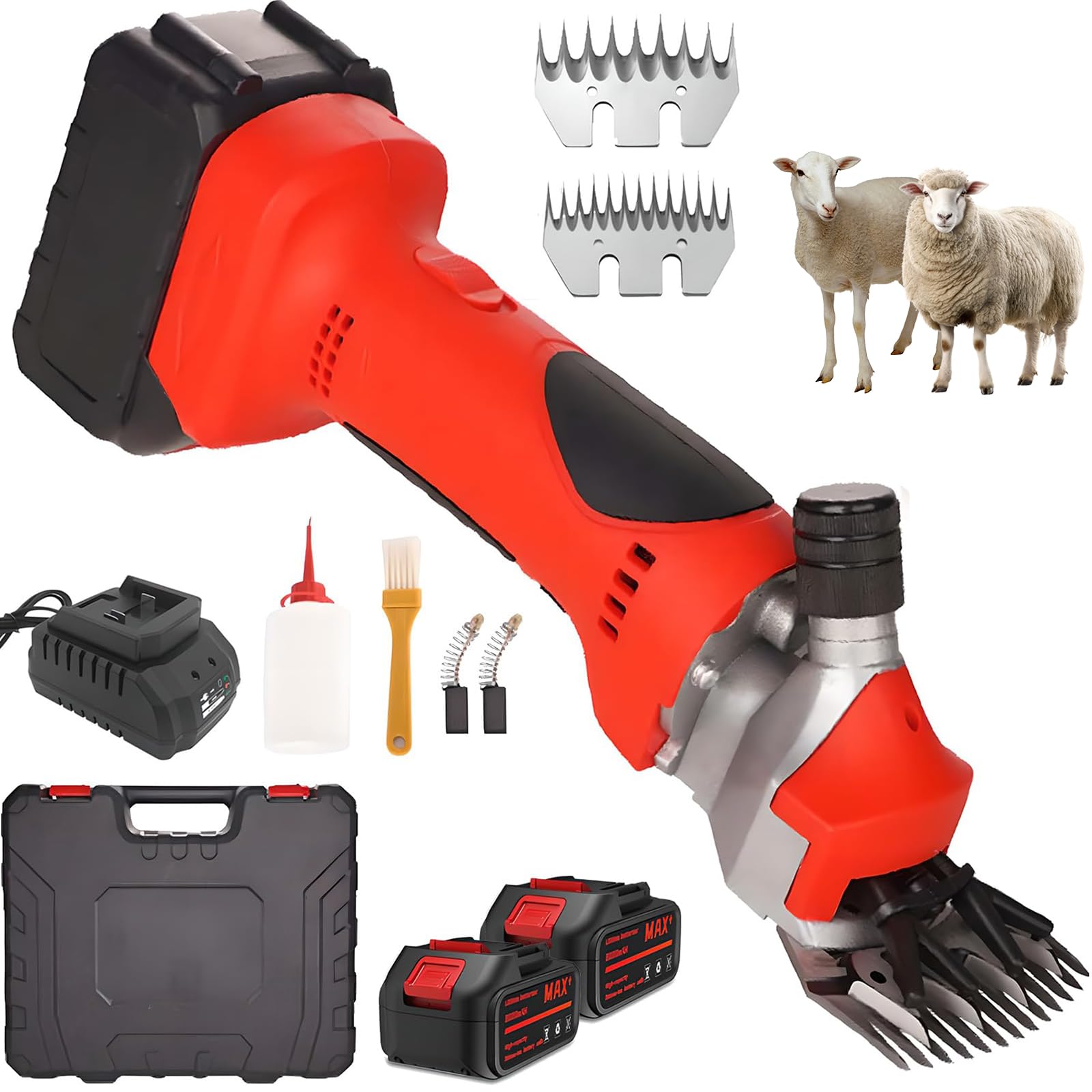 Forbici elettriche per Pecore a Batteria, con 2 batterie, Strumento di tosatura Professionale per Pecore, capre e Bestiame Rosso a 13 Denti