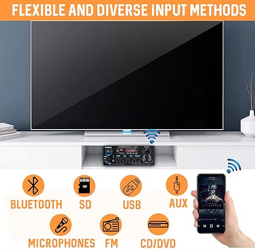 Miniatura 2 de Sunbuck Amplificador pequeño, receptor estéreo de 400Wx2 para audio doméstico, conectores ópticos/coaxiales para TV/CD/DVD/LP/PC, soporte de audio