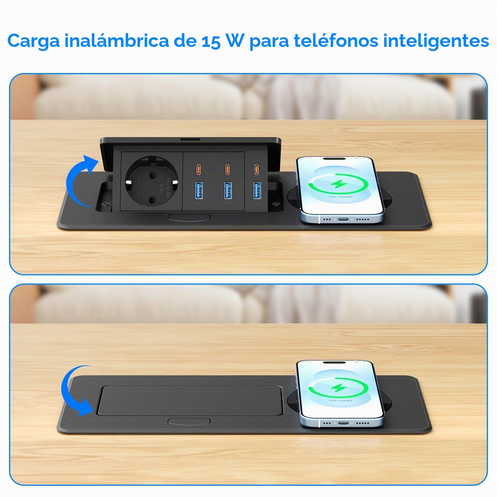 Enchufe empotrable con 6 USB, USB-C PD 30W y Carga inalámbrica 15W | Regleta empotrable con 1 toma, USB-A1 30W, cable 1,8 m, escritorio, oficina y cocina, negro
