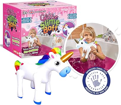 ZIMPLI - Glitter Slime Baff Pink with Inflatable Unicorn, 1 Bath or 4 Play Uses, Magically Turns Water into Thick, Colourful Slime, Fantasy Toys for Girls Age 3+