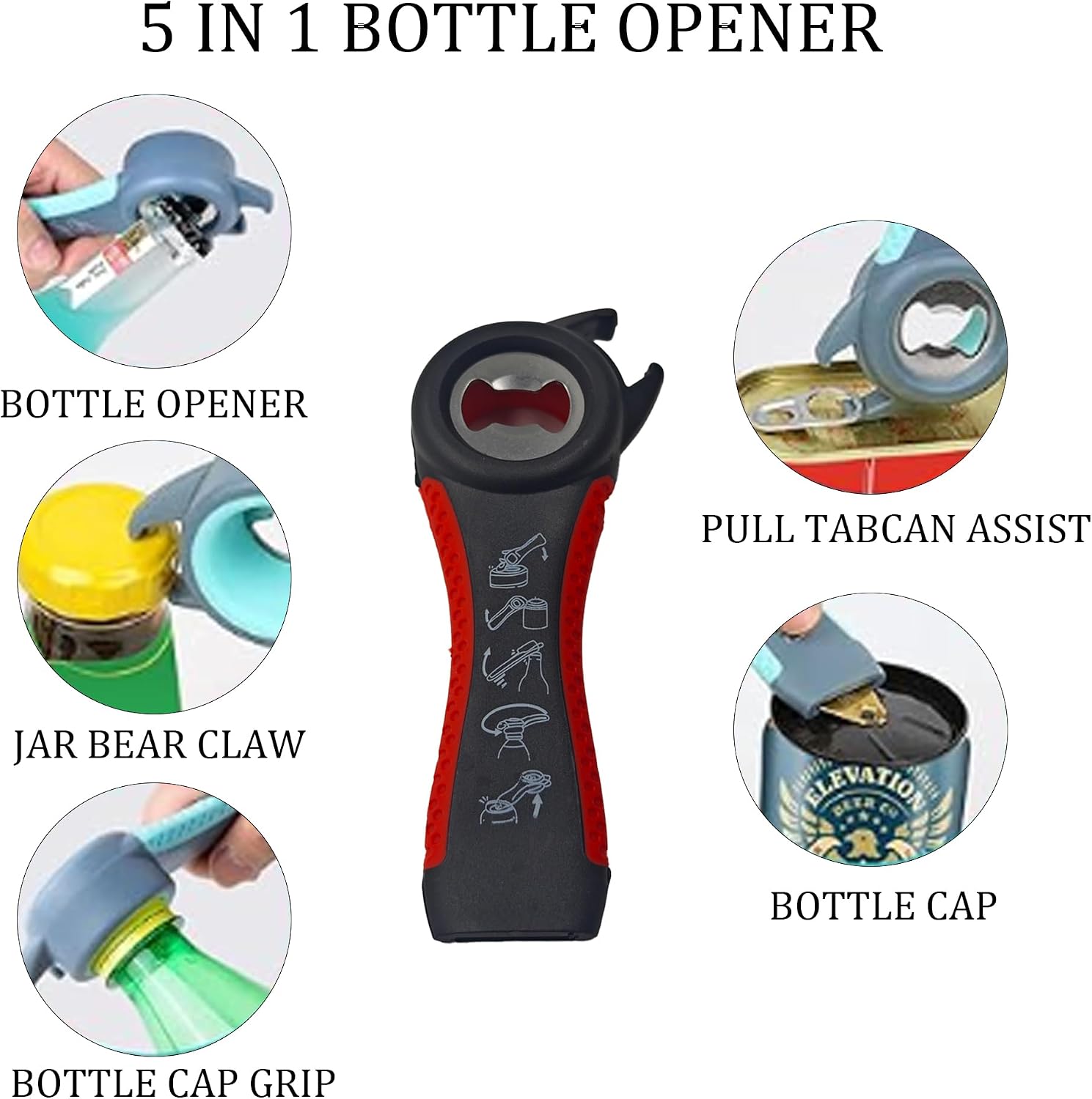 Jar Opener for Weak Hands, 5 in 1 Multi Function Bottle and Can Opener with Non-Slip Jar Gripper Pad, Kitchen Aid Tool for Seniors and Arthritis (Red, Black)