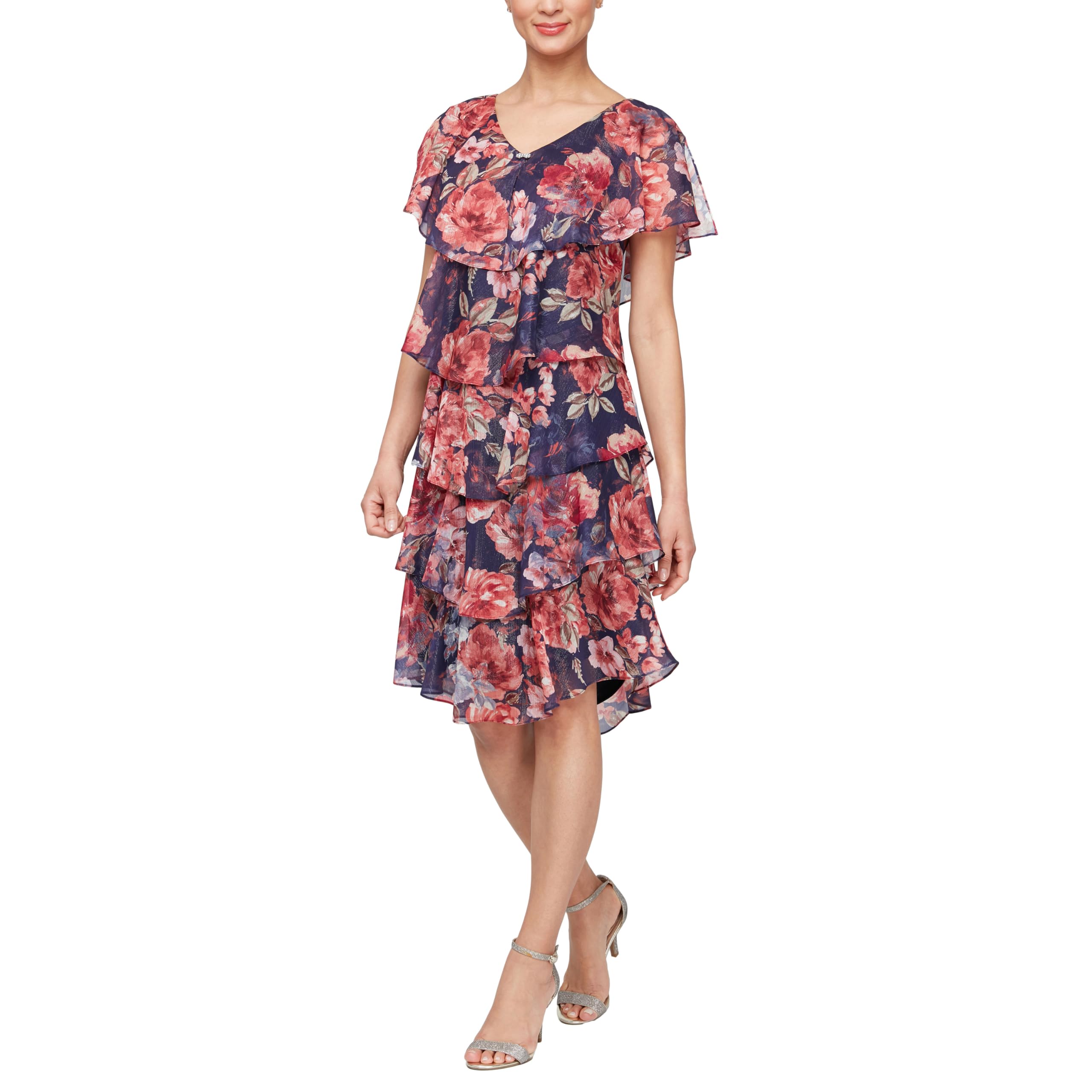 S.L. Fashions Women's Short Sleeve Floral Tiered Chiffon Cocktail Spring/Summer, Wedding Guest Dress Casual, Plum Multi, 12