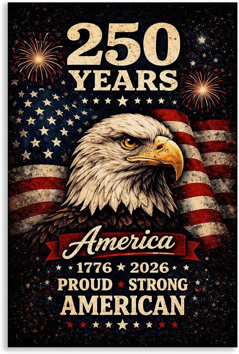 USA 250th Anniversary Vintage Canvas Wall Art Bald Eagle Patriotic Poster Prints Painting | 1776 2026 American Years Proud Strong American Wall Decor Picture | Independence Day 12x16in Unframed