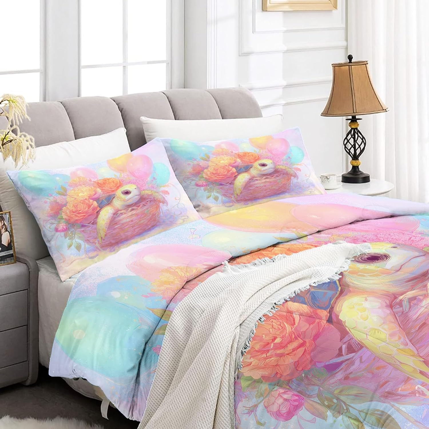 Comforter Set with 1 Pillow Sham, 2 Piece Soft Microfiber Twin XL Bed Comforter, Cartoon Turtle Flowers Printed Kids Bedding for Boys and Girls, Breathable, Easy Care, Pink