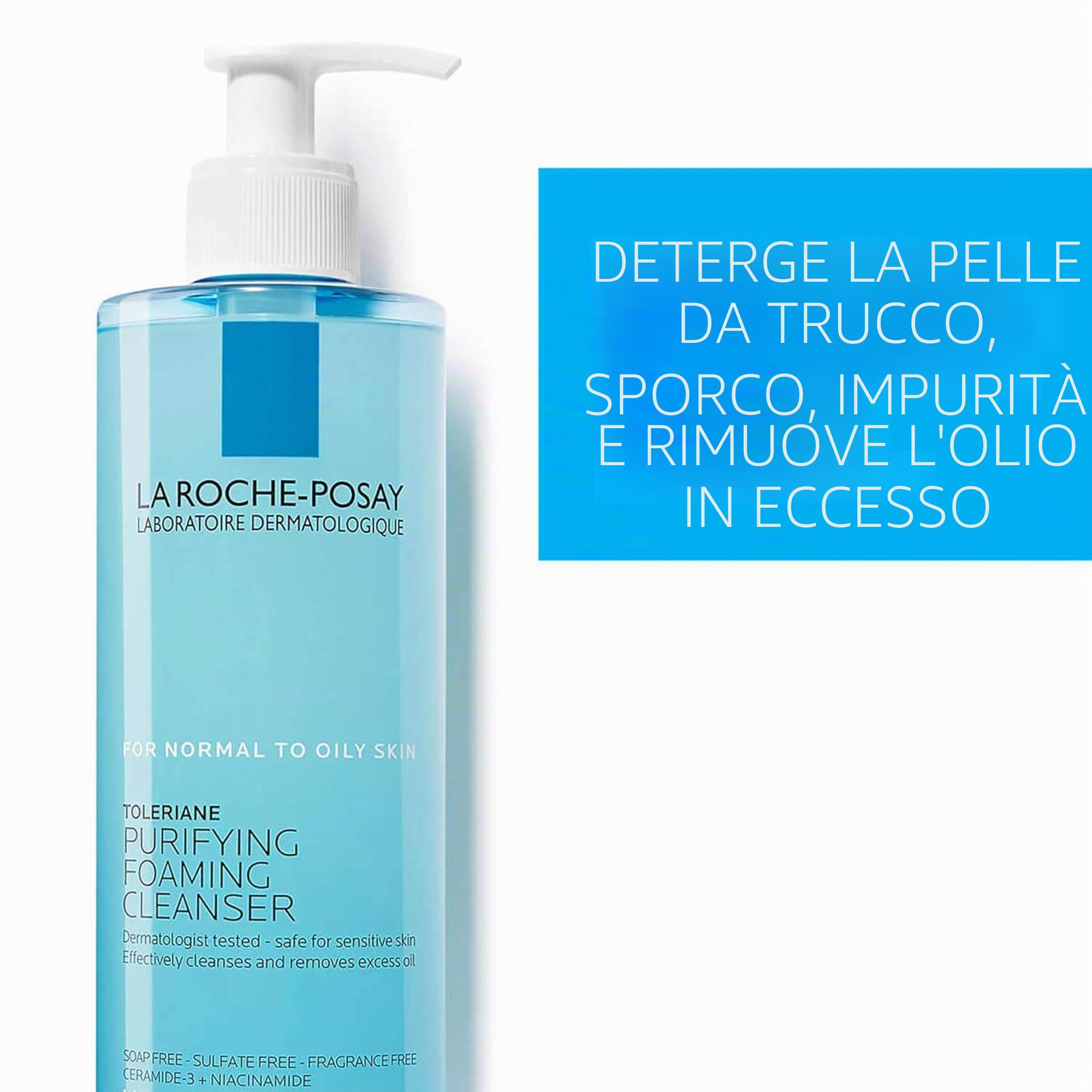 La Roche-Posay Toleriane, Gel Detergente Schiumogeno a Doppia Azione, Adatta a Pelli Sensibili, Elimina Impurità e Sebo, Pelle Morbida e Idratata, Formula con Tensioattivi Delicati e Glicerina, 400 ML