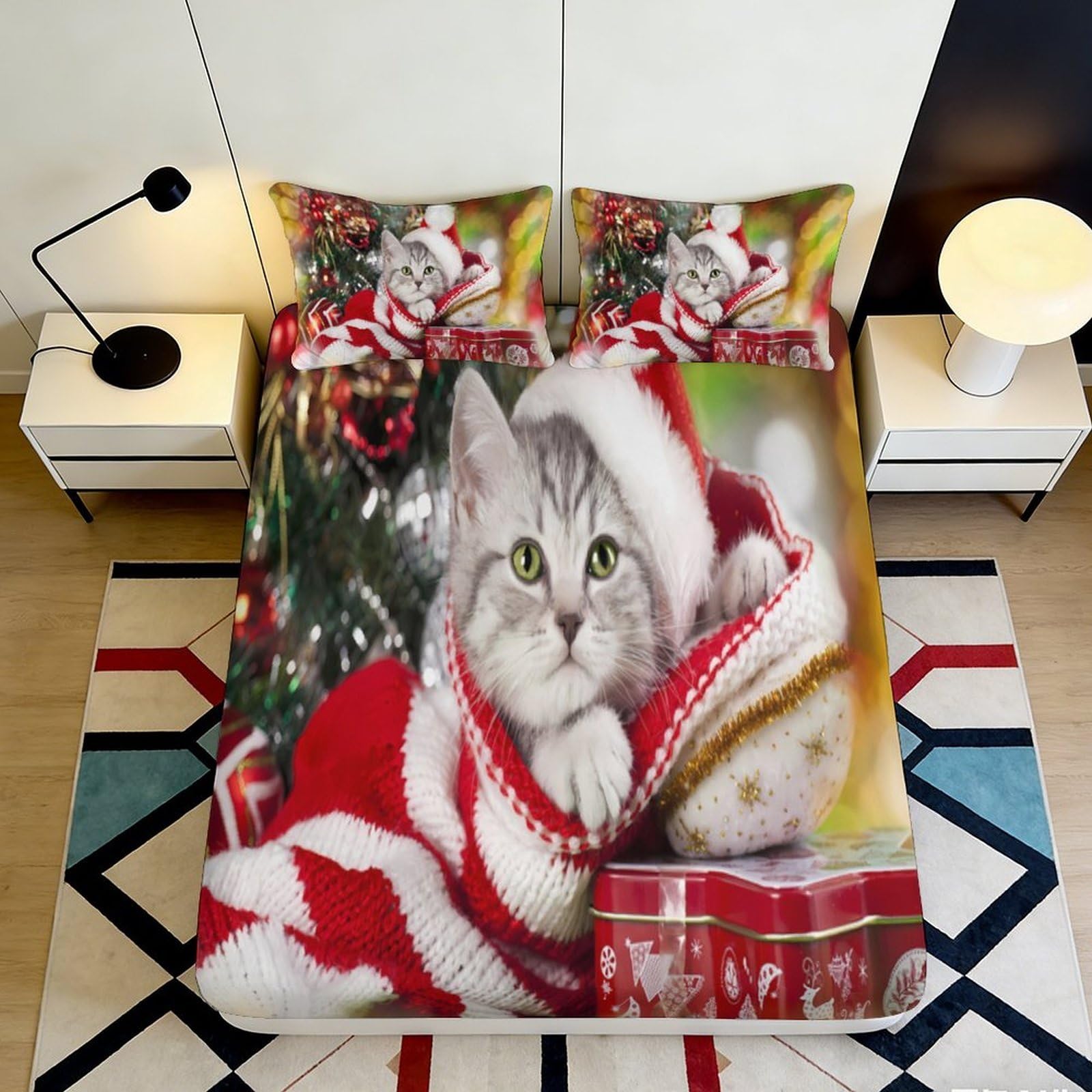 3D Printed Christmas Cat Fitted Sheet Microfiber Red White Santa Hat Bed Cover for Bedroom Guest Room Easy Care 90x200x25cm